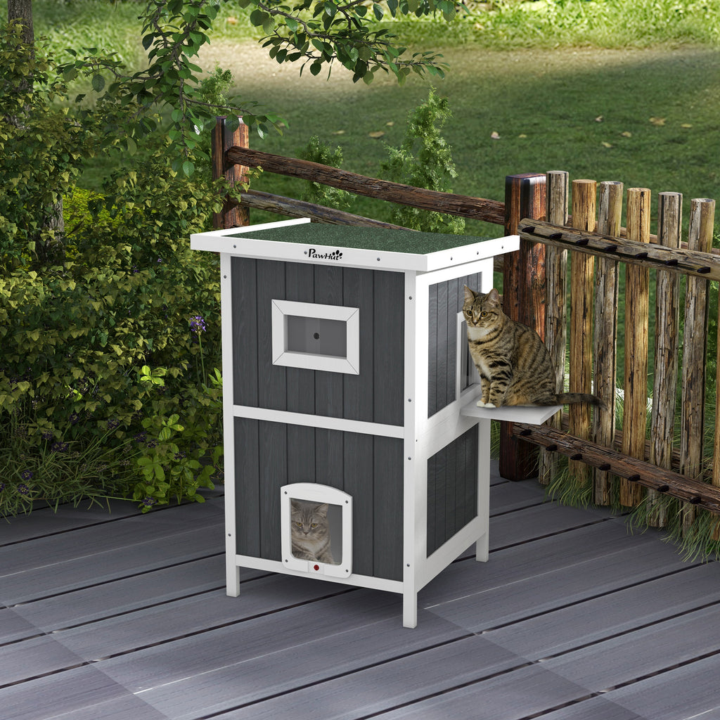 2-Tier Outdoor Wooden Cat Kennel with Asphalt Roof and 4 Doors, 60x60x90.5cm, Gray - Borgè