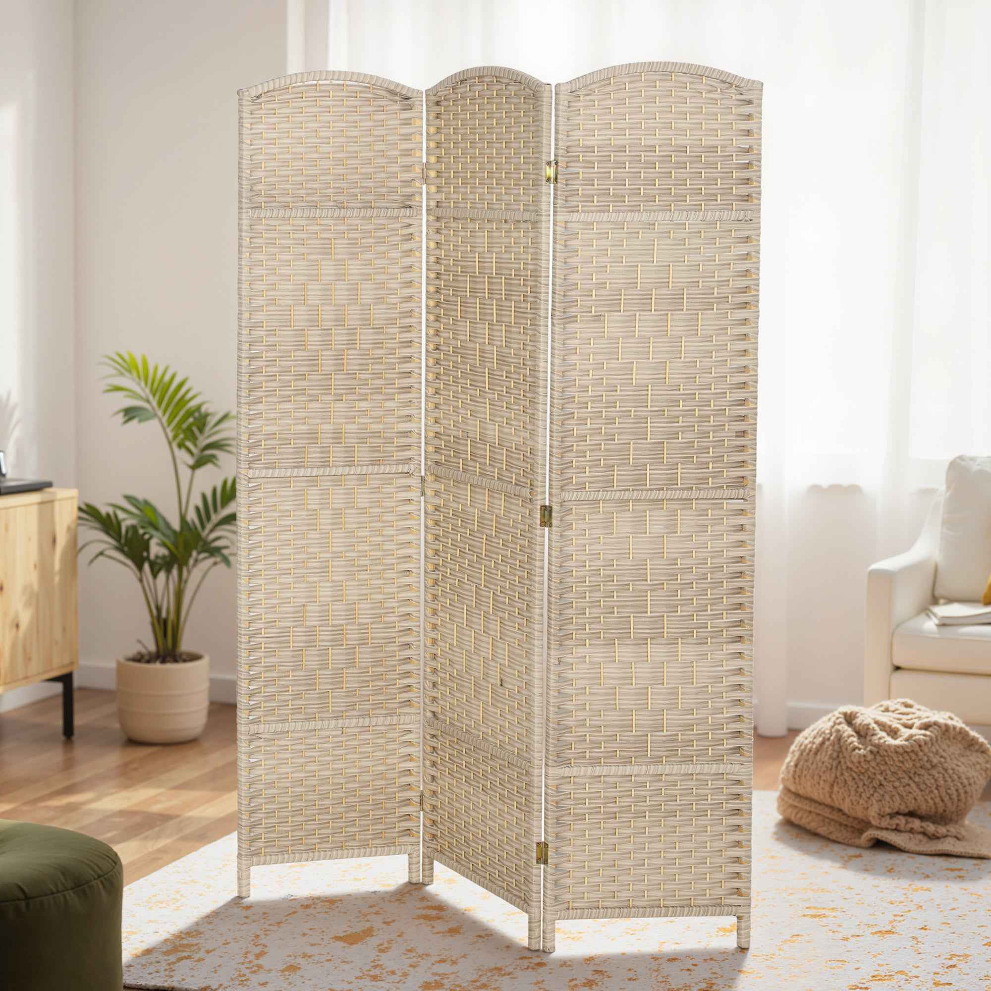 HOMCOM 3-Panel Folding Room Divider, 135x180cm, Woven PP and Pine Wood Screen, Oak