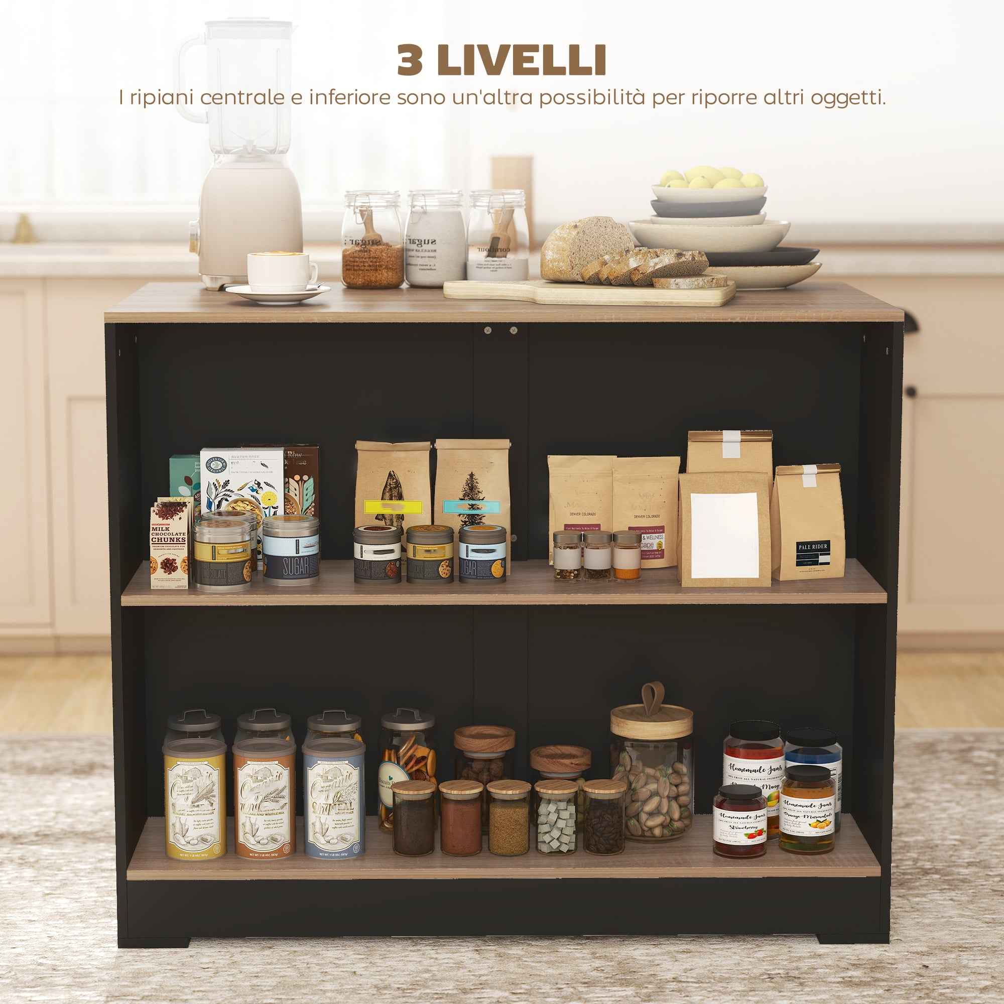 HOMCOM Kitchen Island Bar Counter with 3 Shelves for Living Room and Lounge, 113x60x90 cm, Black and Wood