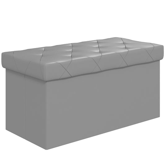 84L Folding Storage Bench, Padded Lid and Faux Leather Upholstery, 76x38x38cm, Grey