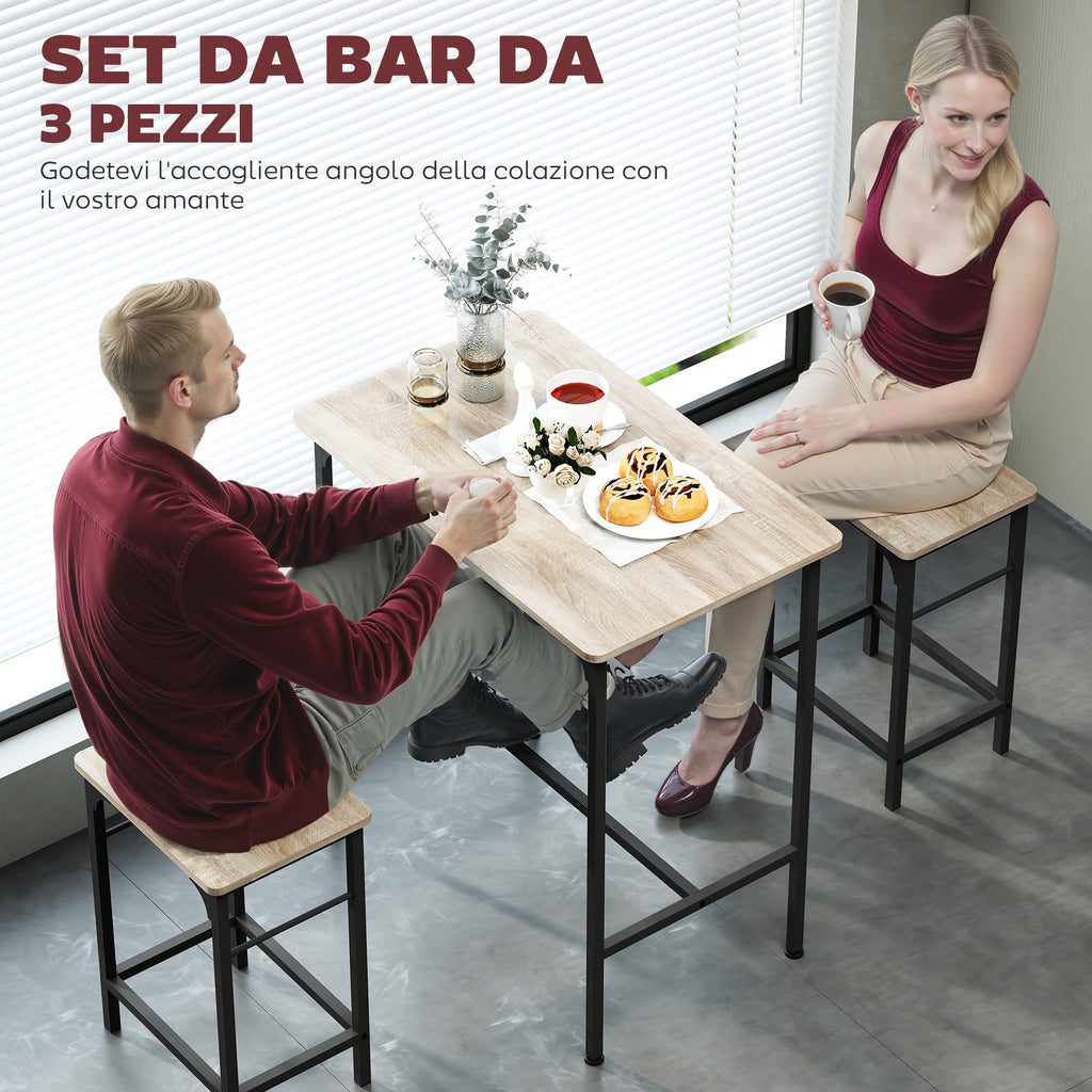 3 Piece Bar Furniture with Kitchen Table and 2 Bar Stools in Wood and Steel, Wood and Black Color