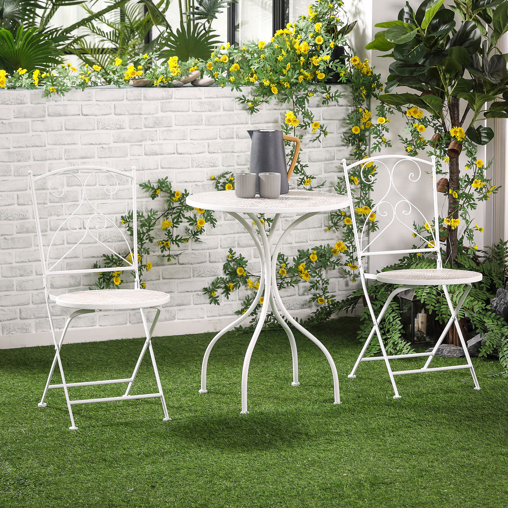 3-Piece Garden Set with 2 Folding Chairs and 1 Mosaic Table, White