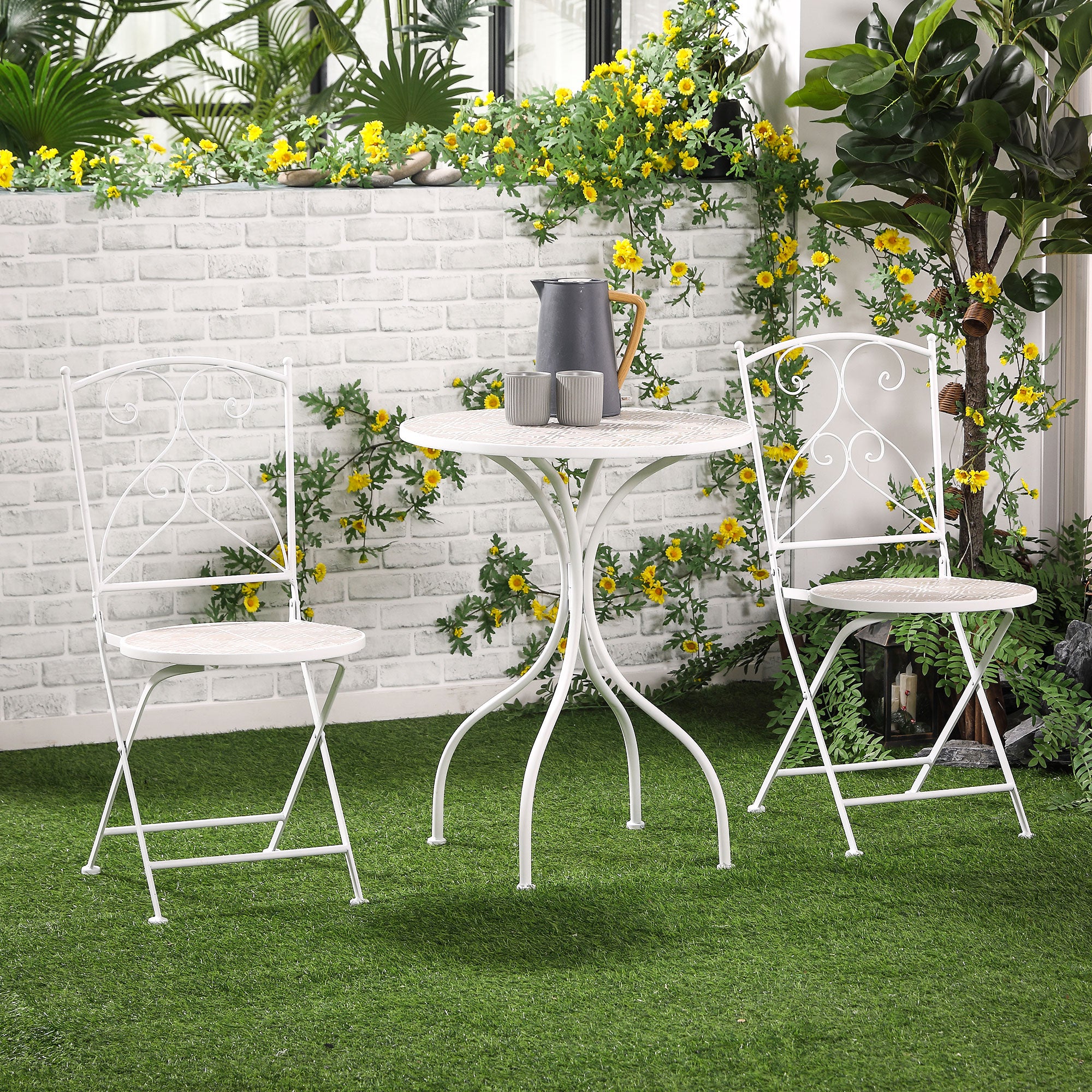 3-Piece Garden Set with 2 Folding Chairs and 1 Mosaic Table, White
