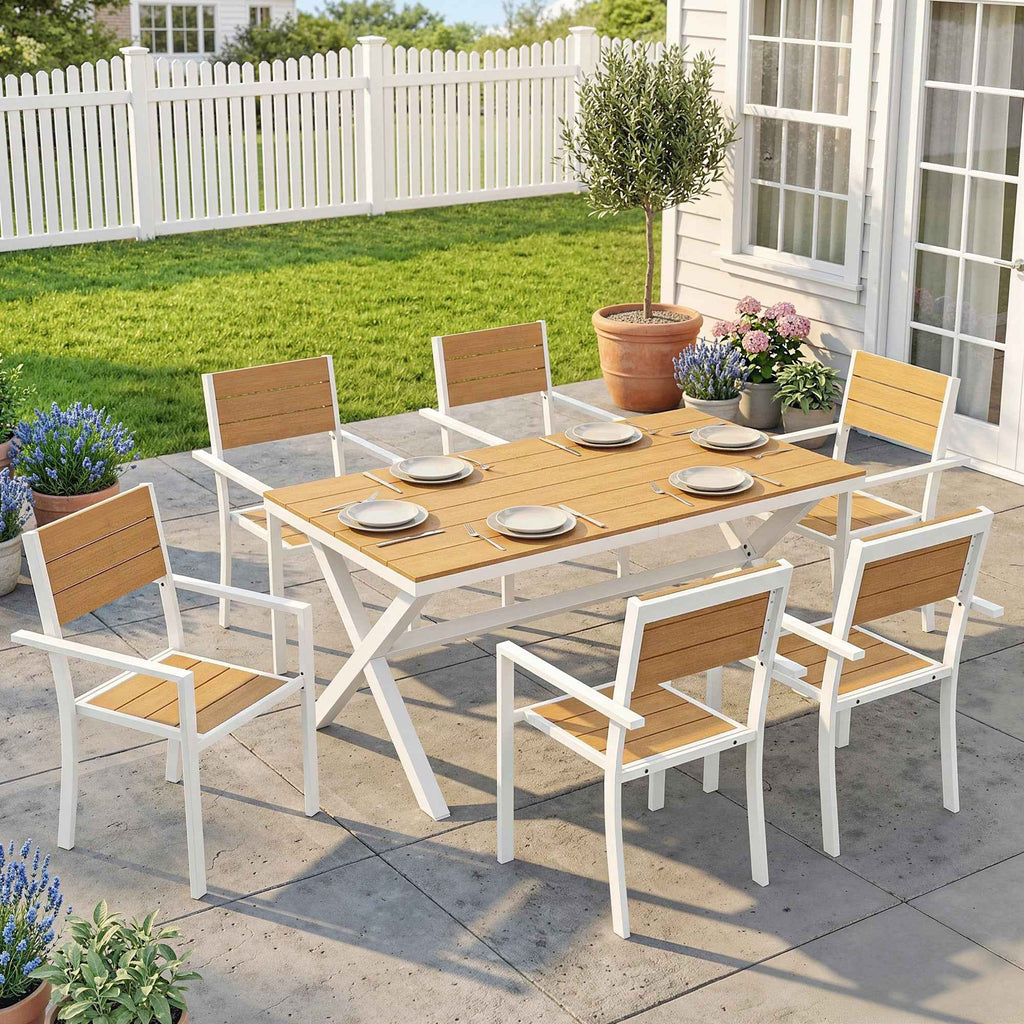 Outsunny 7-Piece Outdoor Dining Set, Stackable Table and Chairs, Aluminum Frame, Teak