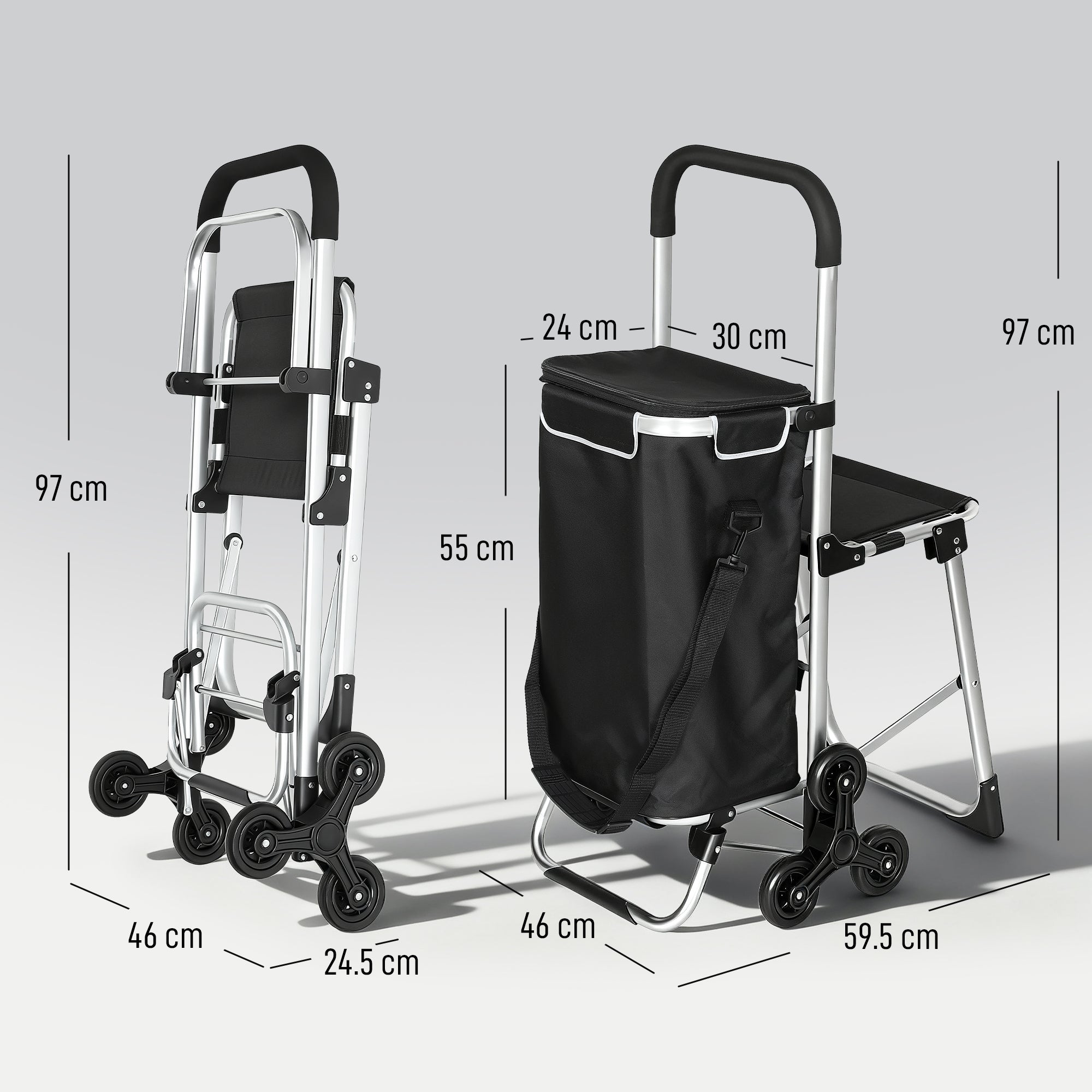 Aluminum Shopping Cart with 40L Waterproof Bag and Seat, 46x59.5x97 cm, Black and Silver