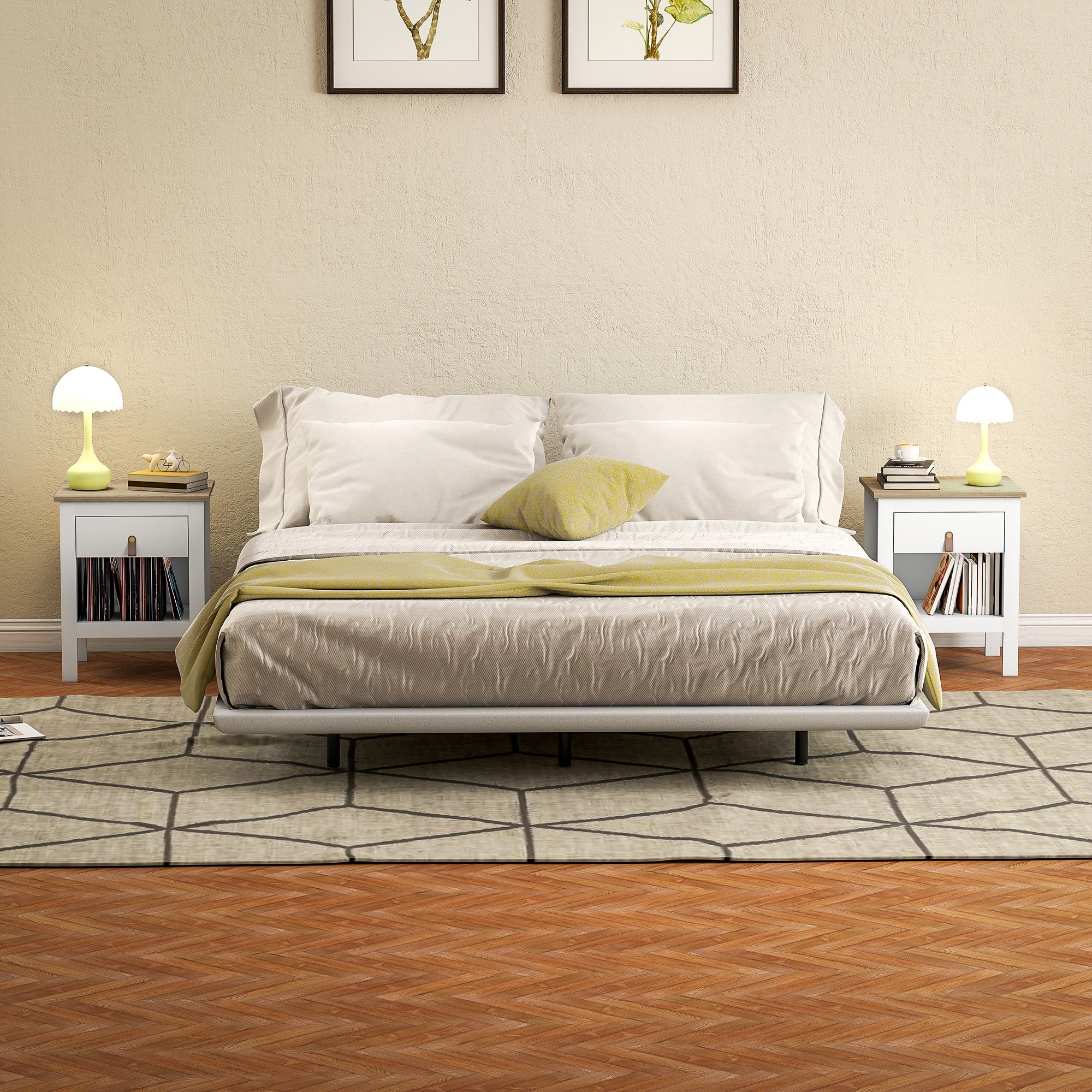 Set of 2 Wooden Bedside Tables with Drawer and Open Shelf, 45x40x55 cm, White and Oak