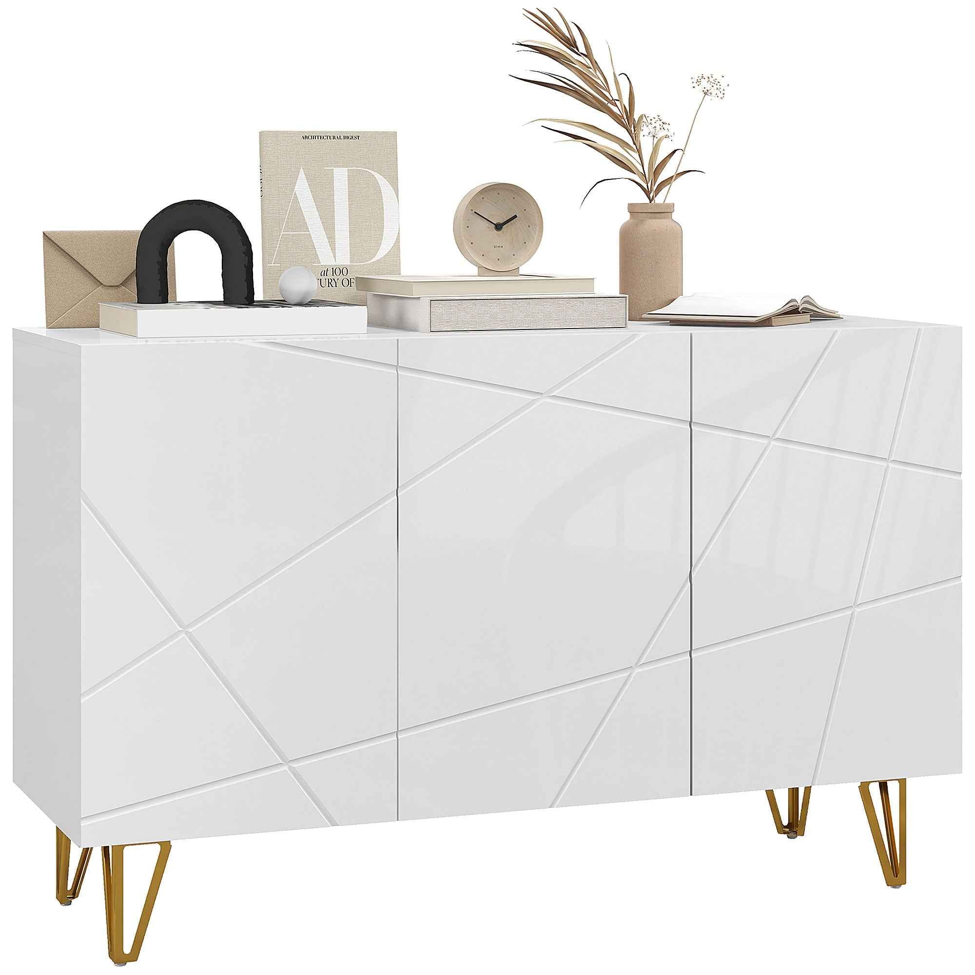 HOMCOM Storage Unit with 2 Cabinets and Adjustable Shelf, in Chipboard and Metal, 120x40x75 cm, White and Gold