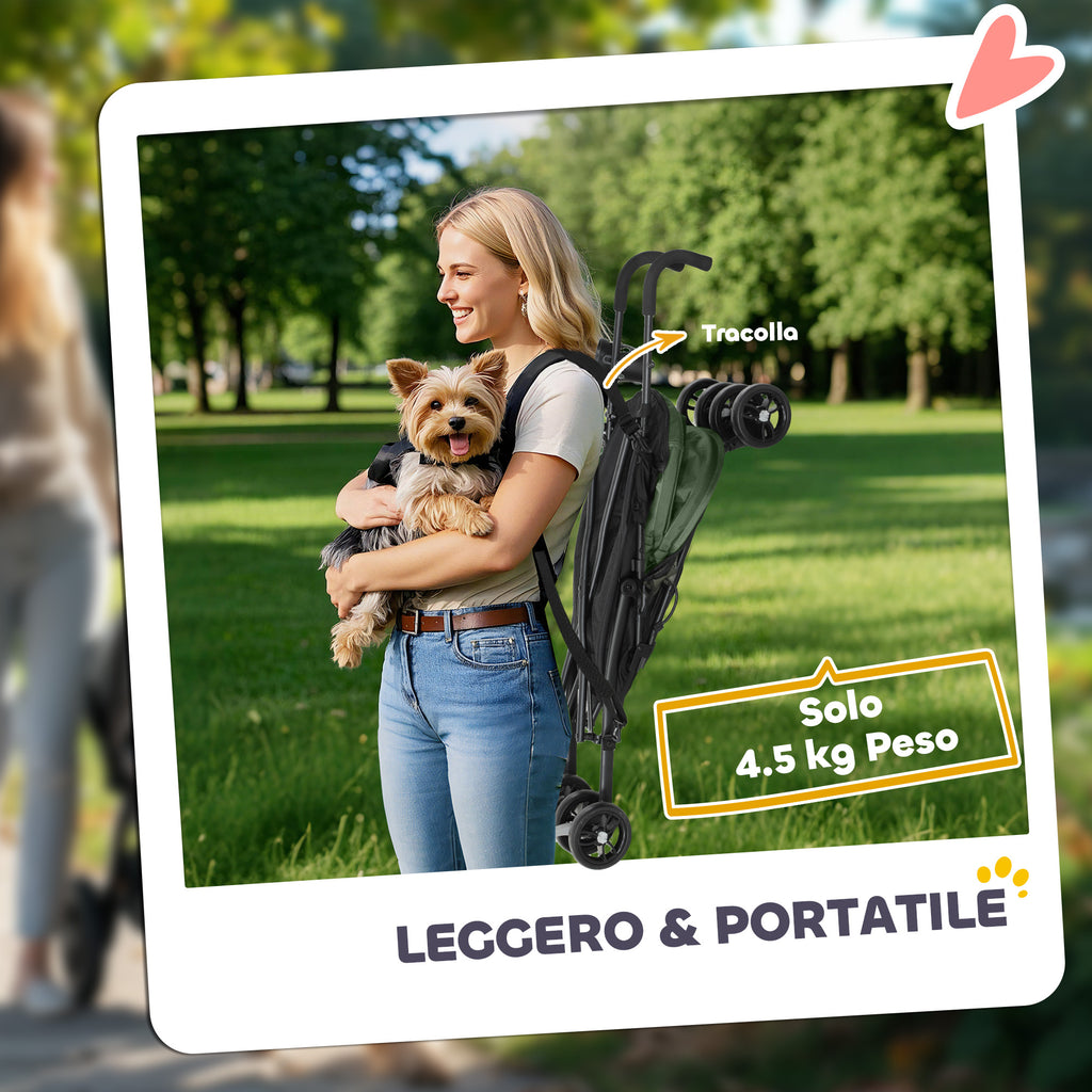 Dog Stroller with 2 Mesh Windows, in Steel and Oxford Fabric, 76x44x103 cm, Black and Dark Green