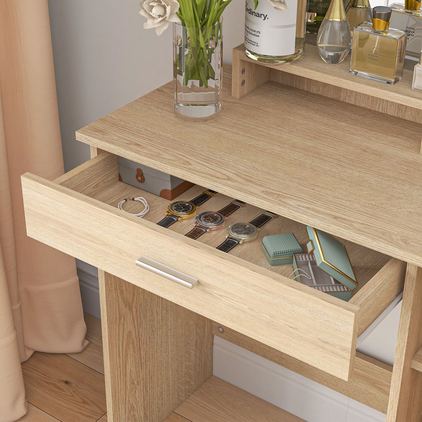 Dressing make -up table with cabinet, drawer, open shelves and mirror, 90x38x138 cm