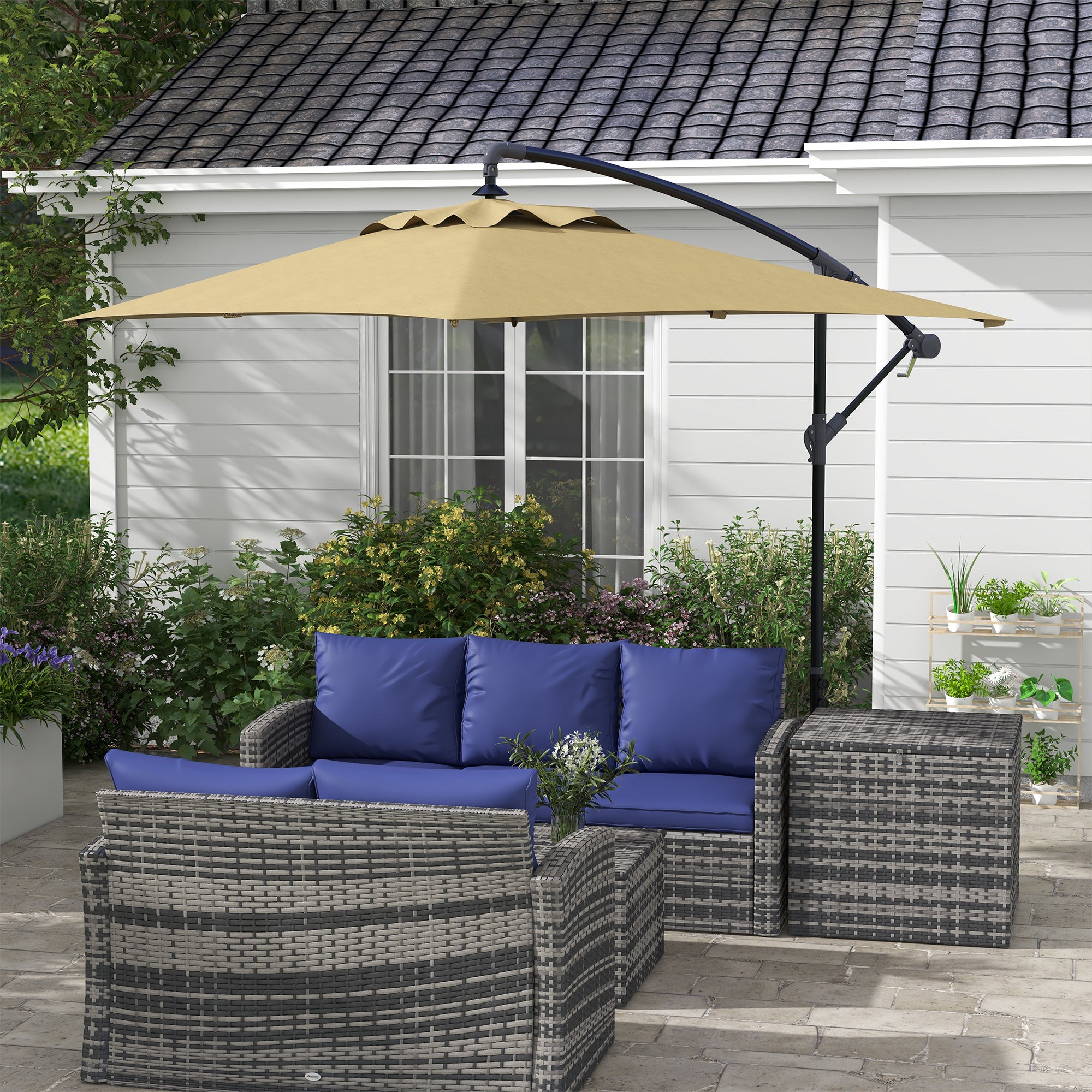 Decentralized Garden Umbrella with Cross Base and Crank Opening, 294x193cm, Brown