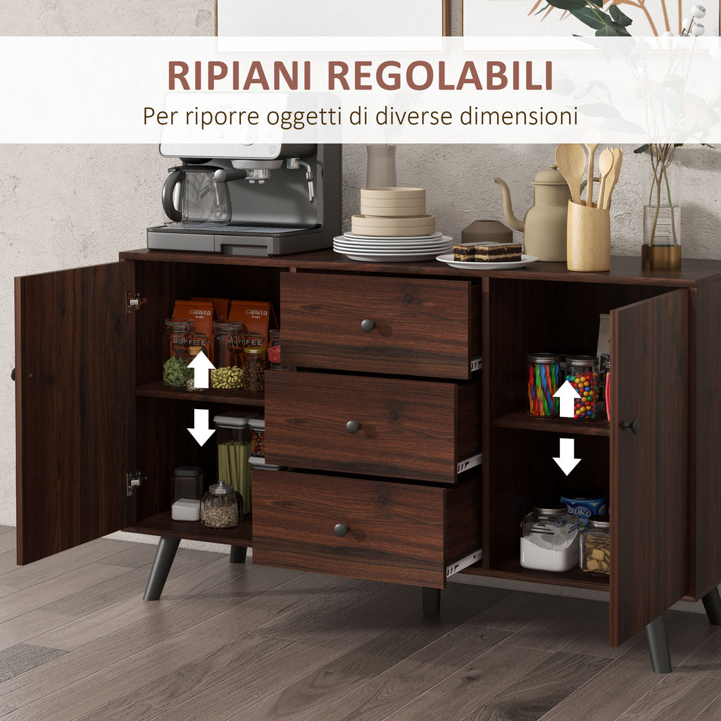 Modern Sideboard in Wood and Chipboard with 2 Cabinets and 3 Drawers, 127x40x76 cm, Brown and Black
