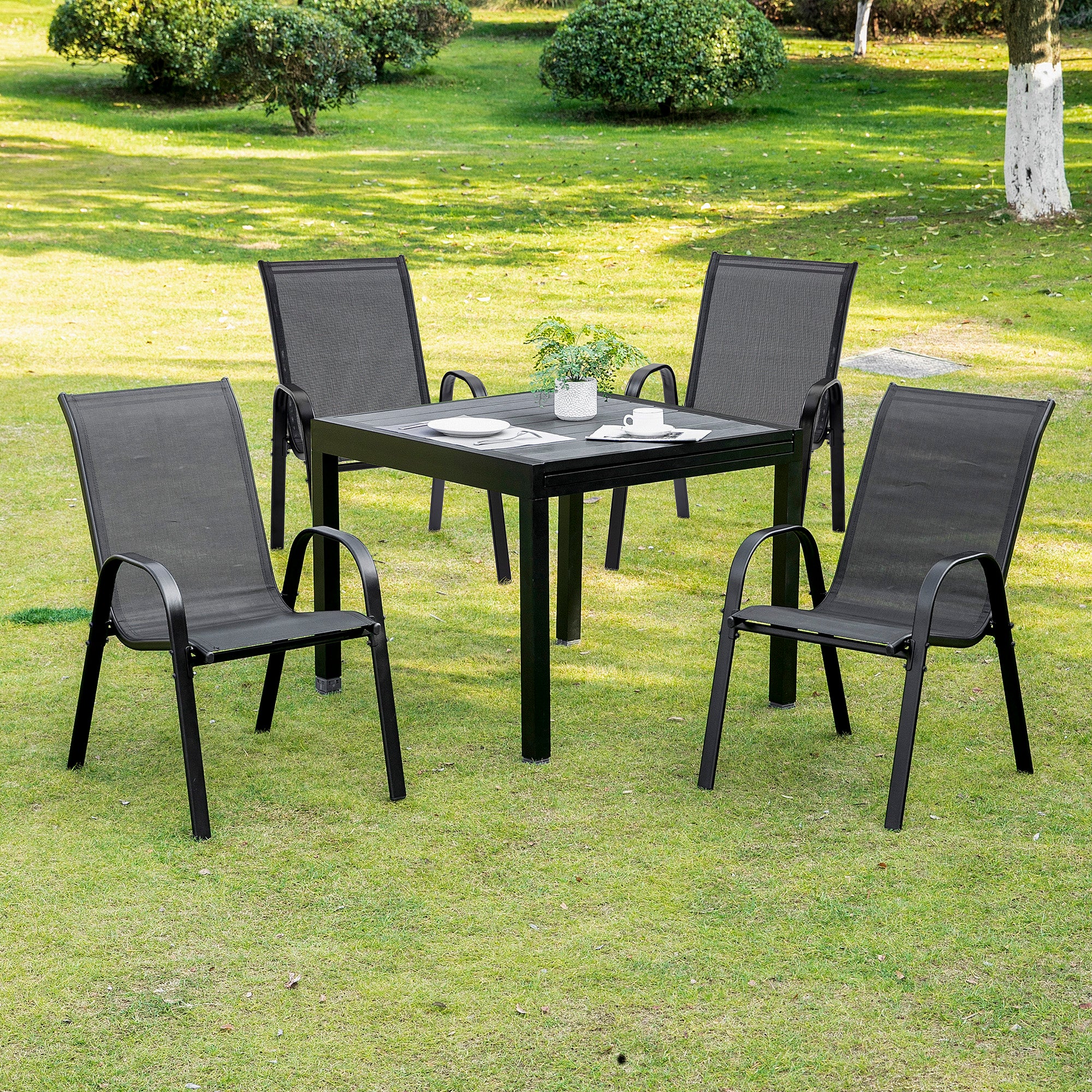 Garden Chairs Set of 4 Pieces with Armrests, in Metal and Breathable Fabric, 70x54x90cm, Black