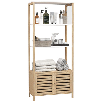 Bamboo Bathroom Cabinet with 3 Shelves and Lower Cabinet, 63x30x138 cm, Wood and White Color