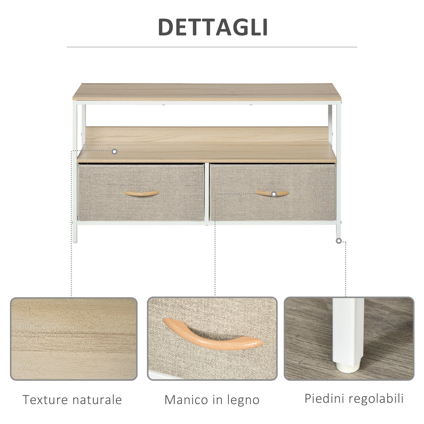 47" TV Stand with Folding Fabric Drawers and Metal and MDF Shelf, 98x29x56cm, Wood Color