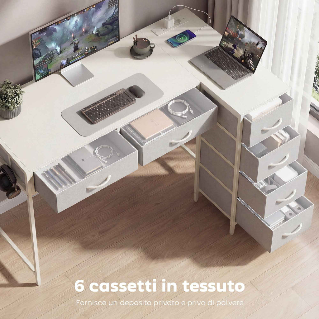 Corner Desk with 6 Drawers, Side Hook and Integrated Sockets, Wood and Steel, 126x48x80 cm, White