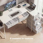 Corner Desk with 6 Drawers, Side Hook and Integrated Sockets, Wood and Steel, 126x48x80 cm, White