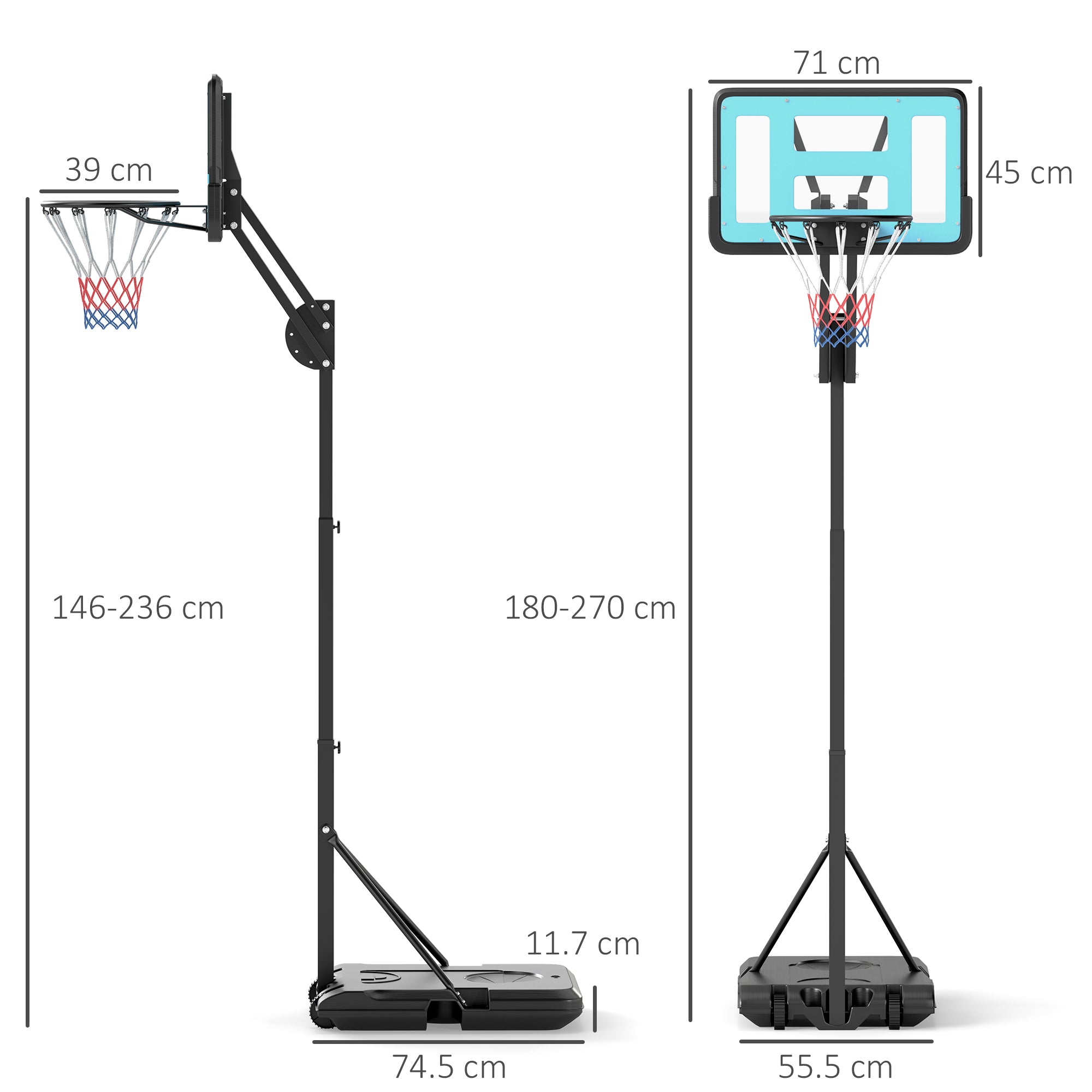 SPORTNOW Adjustable Outdoor Basketball Hoop 146-236cm with Wheels and Fillable Base, Black