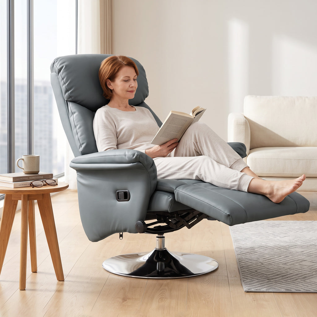 HOMCOM 130° Swivel Reclining Relaxing Chair with Footrest, Flared Armrests, Faux Leather, Grey