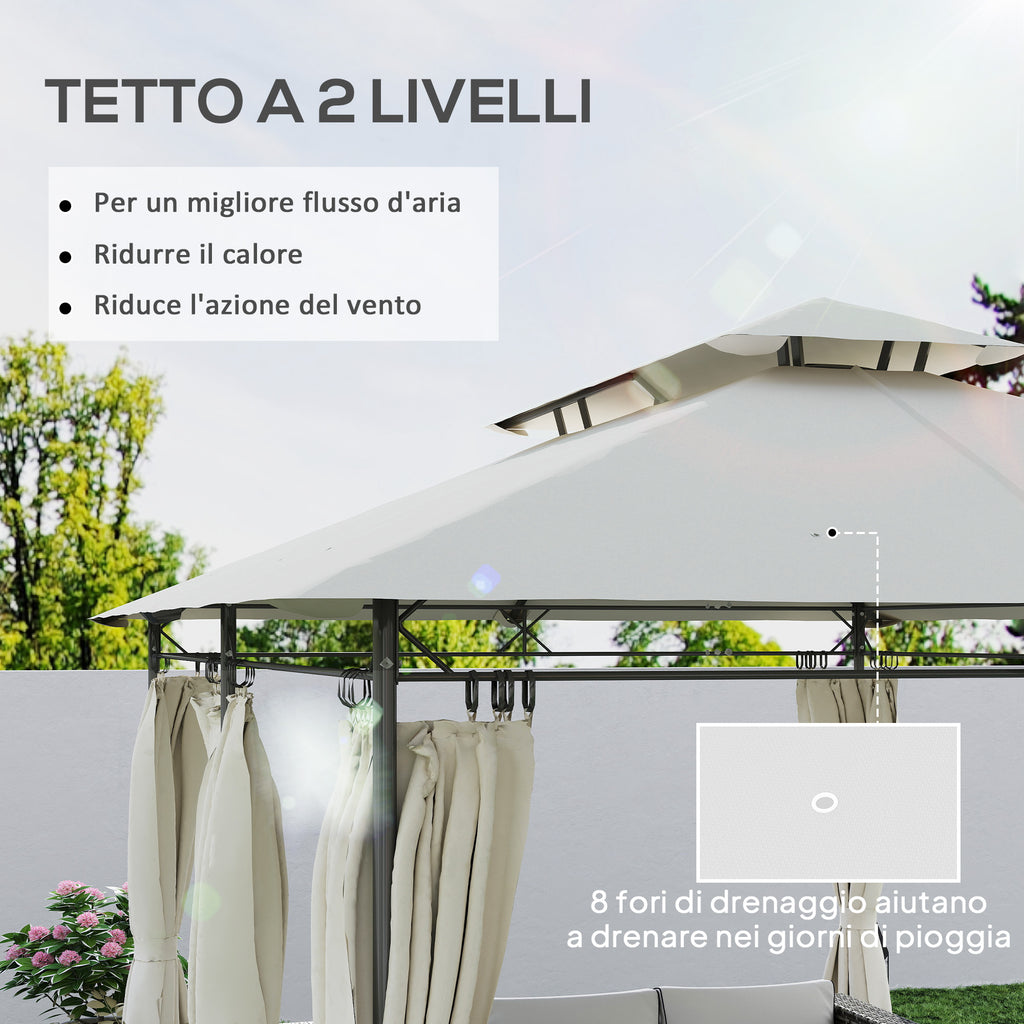 Garden Gazebo 3x4 m with Removable Curtains, Double Roof and Metal Structure, Cream