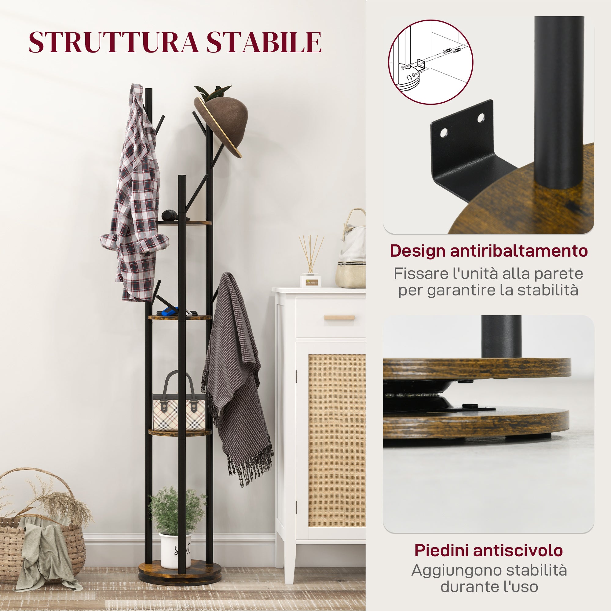Industrial Style Rotating Floor Coat Rack with 8 Hooks and 4 Shelves, Ø30x175cm, Brown