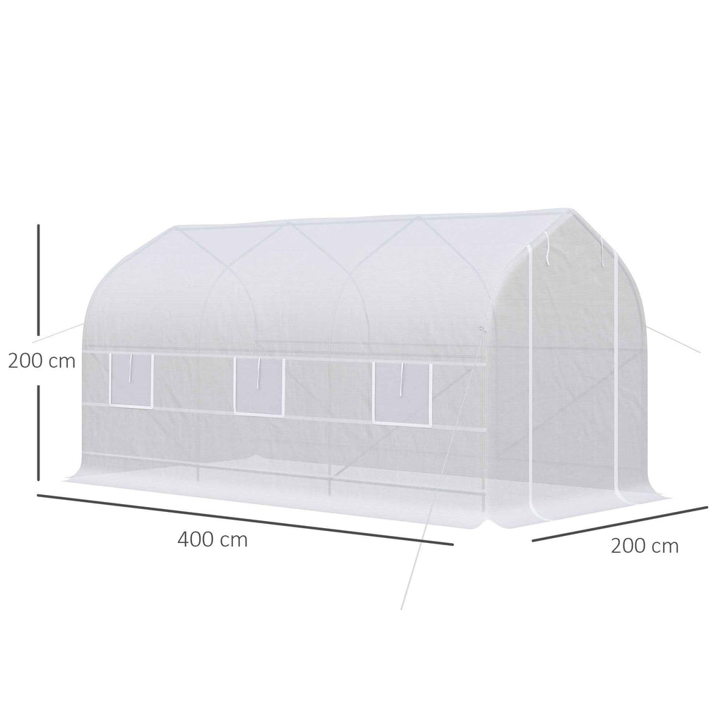 Outsunny UV-Proof Tunnel Greenhouse with 6 Mesh Windows and Roll-Up Entrance, Metal and PE, 4x2x2 m, White