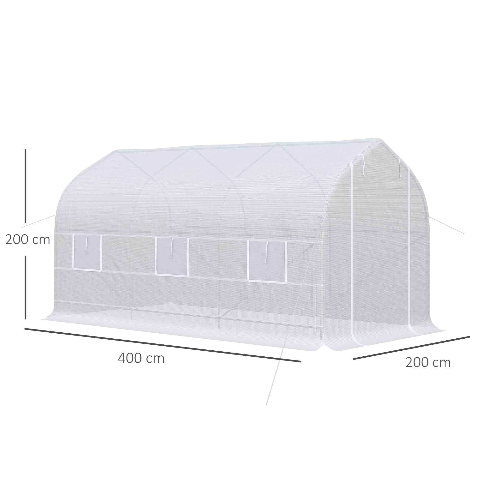 Outsunny UV-Proof Tunnel Greenhouse with 6 Mesh Windows and Roll-Up Entrance, Metal and PE, 4x2x2 m, White