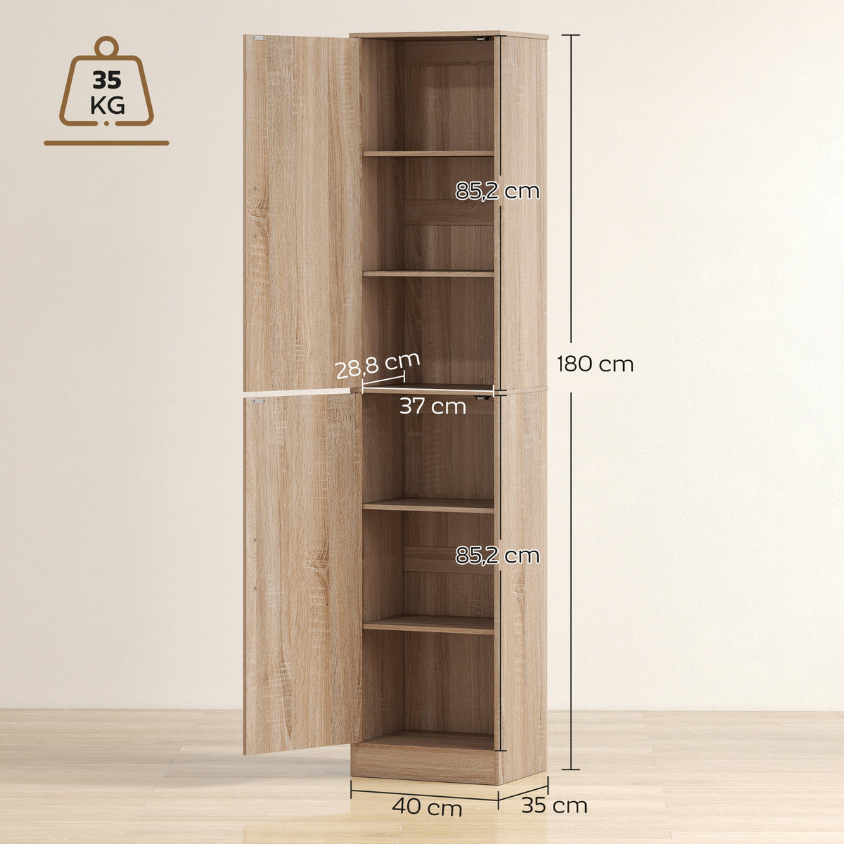HOMCOM Bathroom Cabinet with 2 Cabinets and 6 Adjustable Shelves, Wooden, 40x35x180 cm, Wood Color