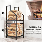 2-Tier Metal Firewood Rack with Raised Base, 34x30x80 cm, Black