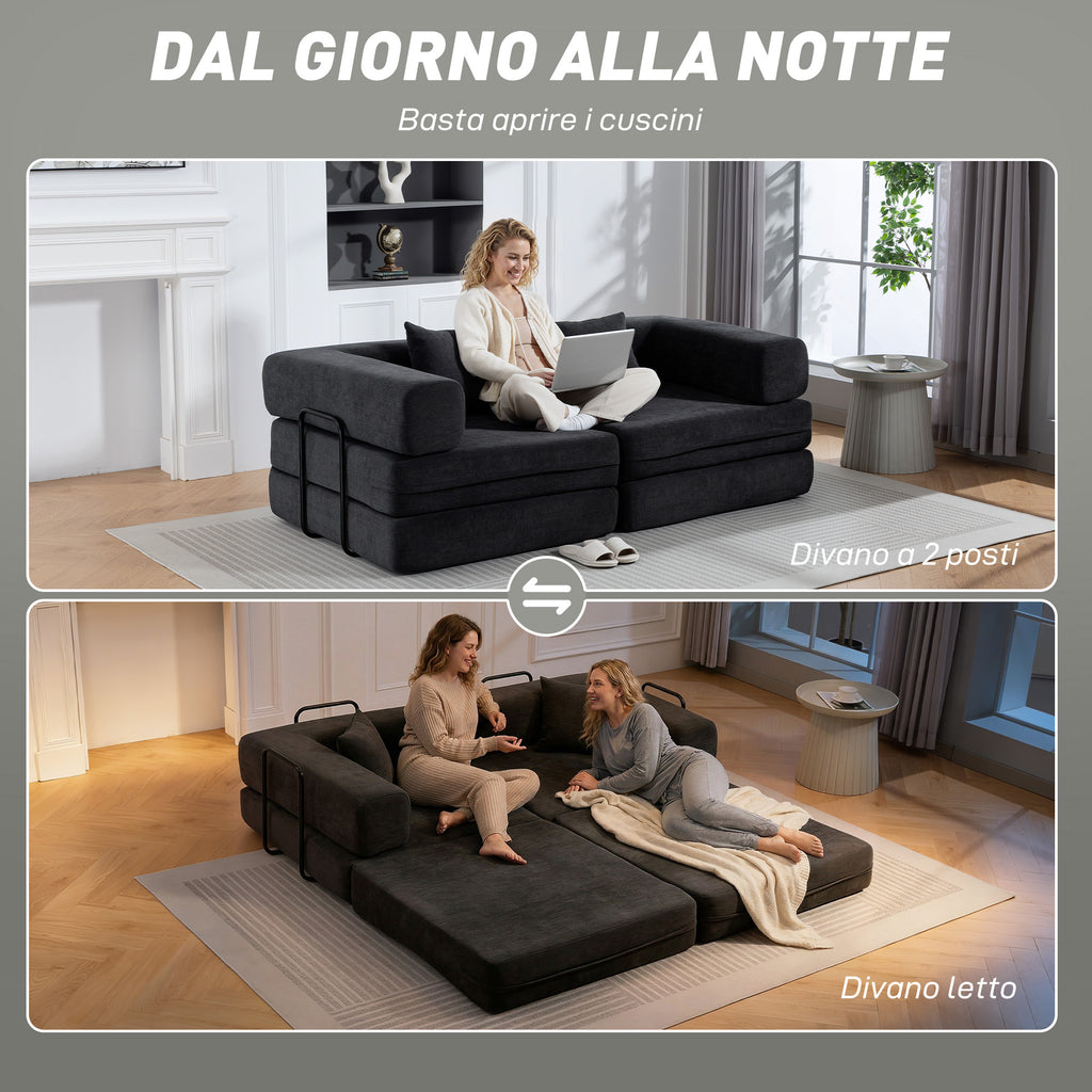 HOMCOM 2-Seater Folding Chenille Sofa Bed with 2 Cushions, Wide Armrests, No Assembly, Dark Grey