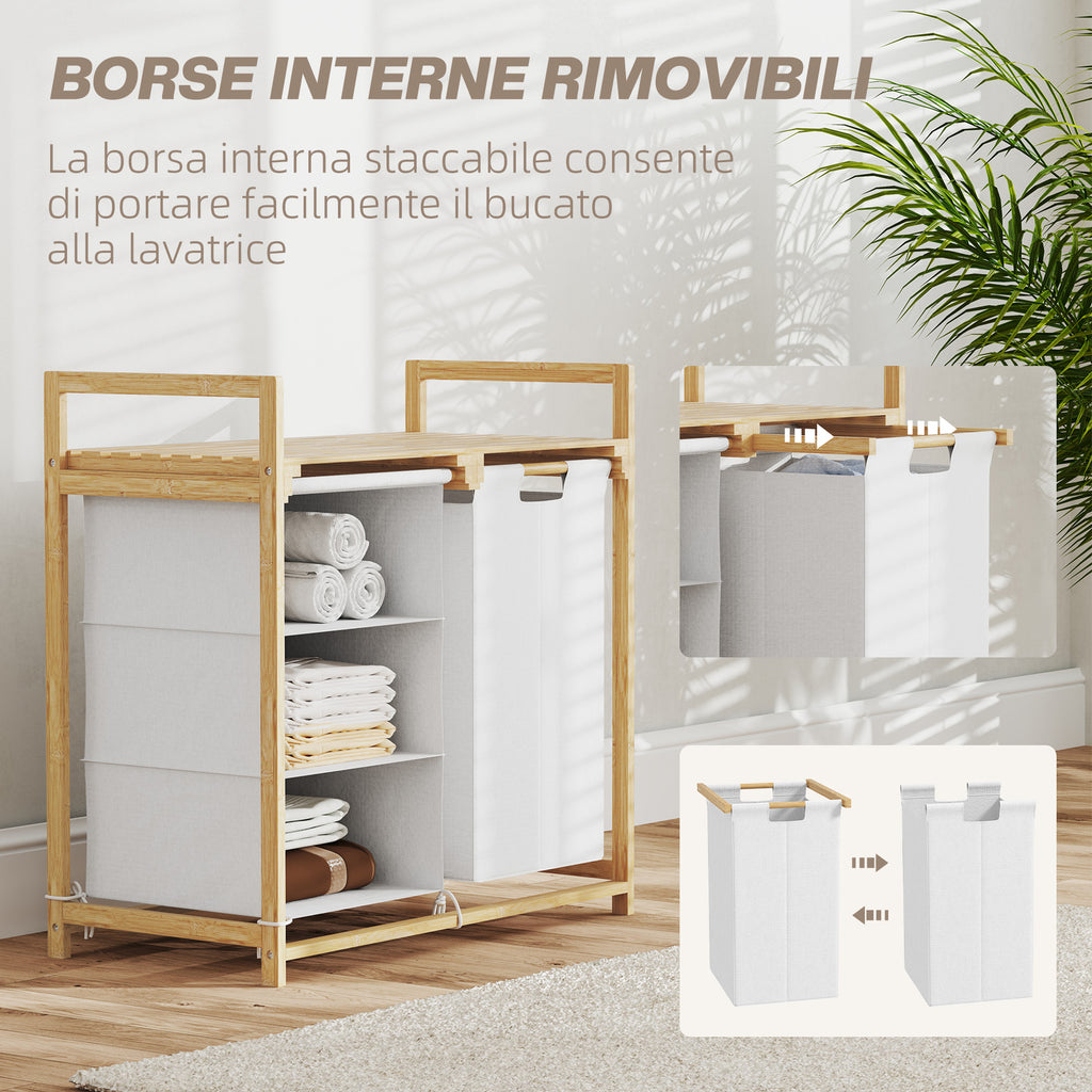 Laundry Basket with 2 Pull-Out Bags, Bamboo Handles and Shelf, 70x36x70 cm, White