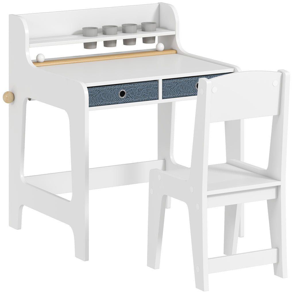 AIYAPLAY Children's Desk and Chair Set with Shelf, Cup Holder, Drawers, Wooden Kids' Room Furniture