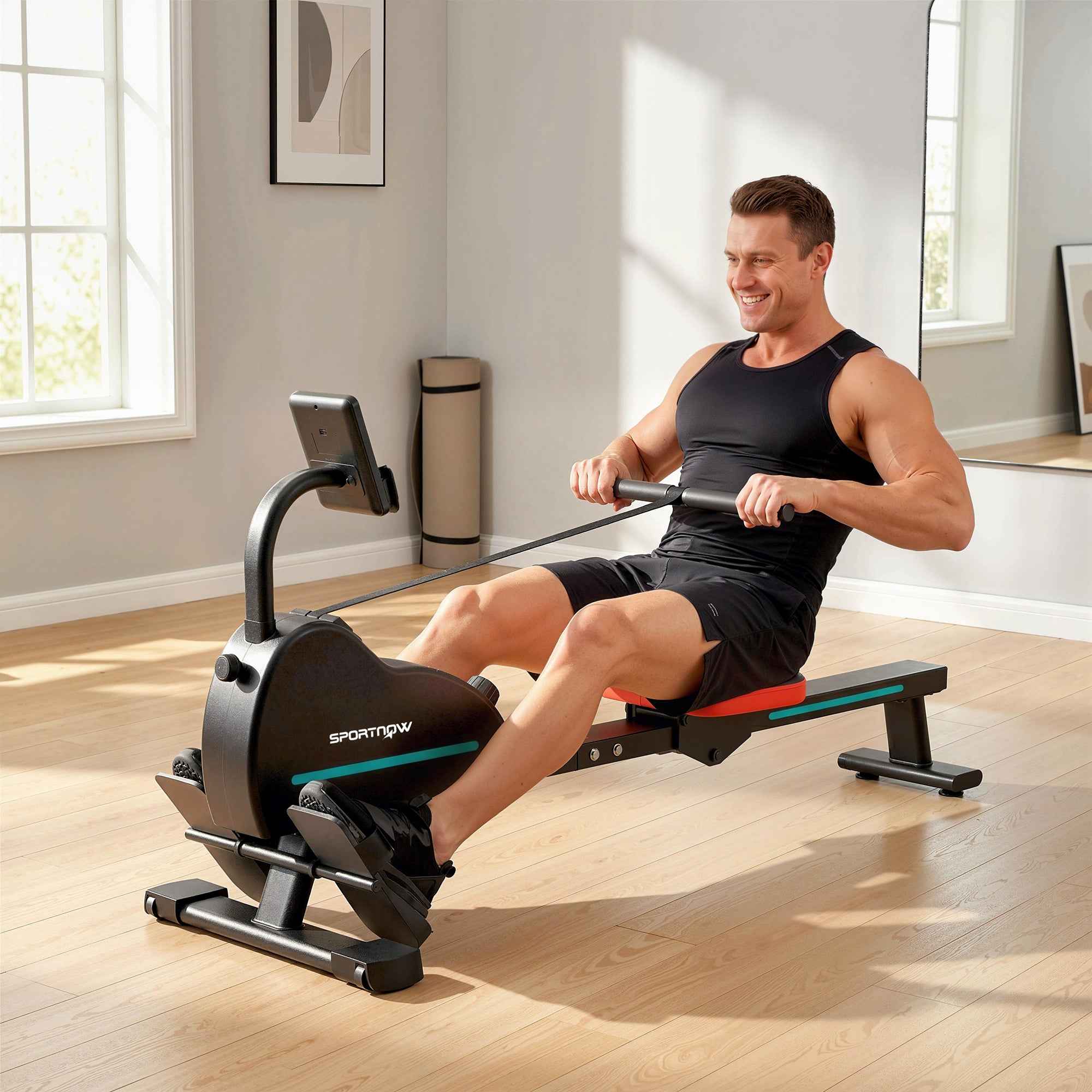 SPORTNOW Home Rowing Machine: 16 Resistance Levels, Bluetooth, APP Compatible.