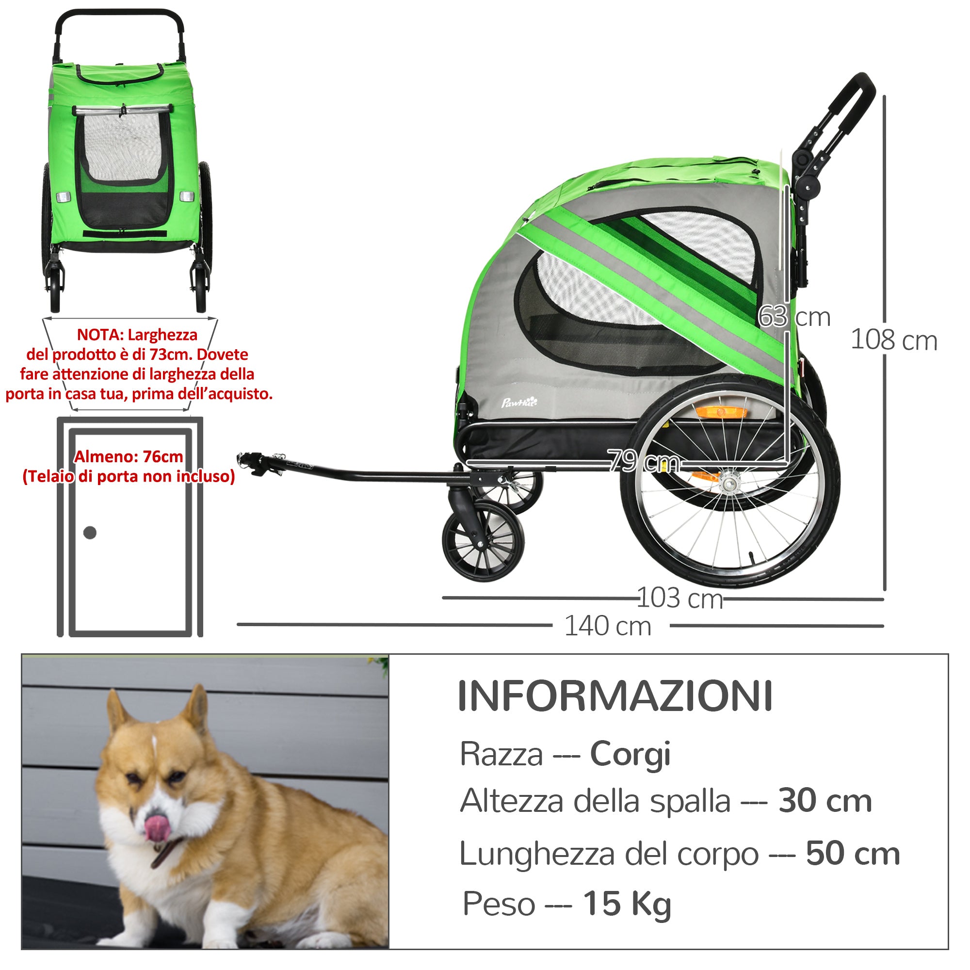PAWHUT Bike trailer and dog stroller 2 in 1 in steel and Oxford fabric with cathi -frantic, green - Borgè