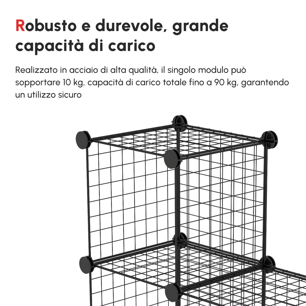 Space-saving bookcase cabinet, 9 mesh cubes with steel and PP panels, 35x35x35 cm, Black