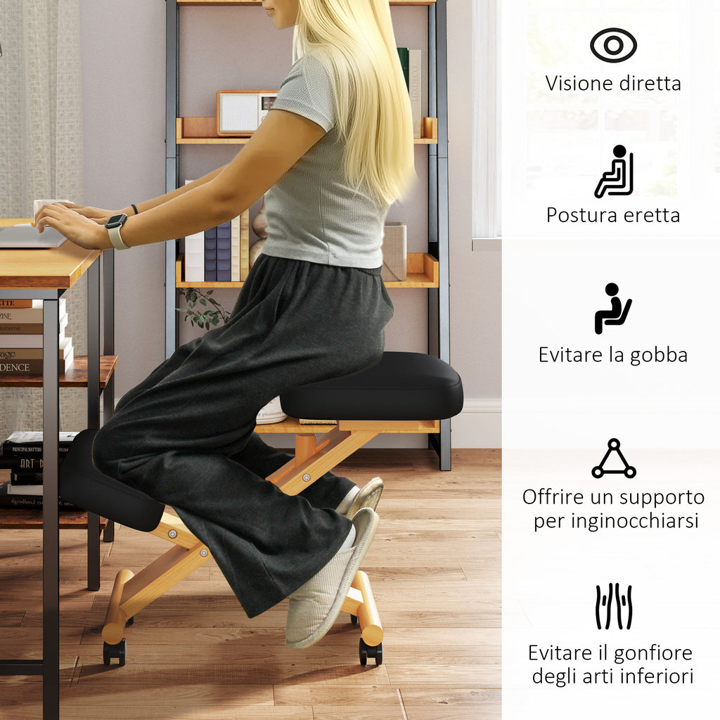 Ergonomic Postural Kneeling Chair, Adjustable Height and Wooden Wheels, Black