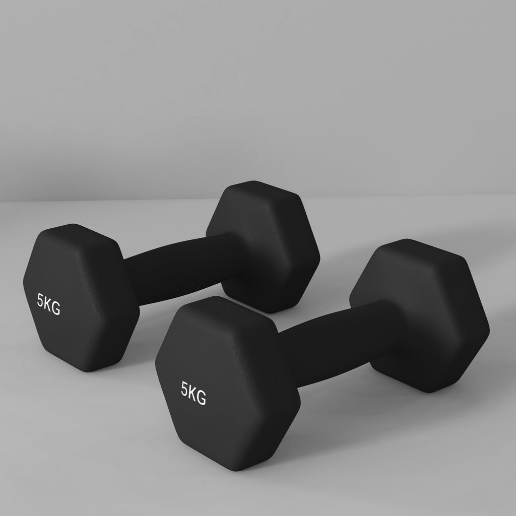SPORTNOW Set of 2 Hexagonal Dumbbells weighing 2x5 kg in Metal and Plastic with Non-Slip Grip, 20x9x9 cm, Black