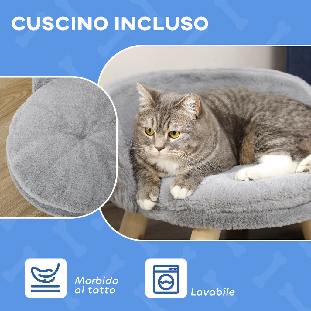 Round Dog Sofa in Plush Fabric and Wood with Extra Cushion, Ø40.5x33 cm, Grey and Wood Color