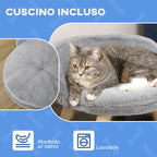 Round Dog Sofa in Plush Fabric and Wood with Extra Cushion, Ø40.5x33 cm, Grey and Wood Color