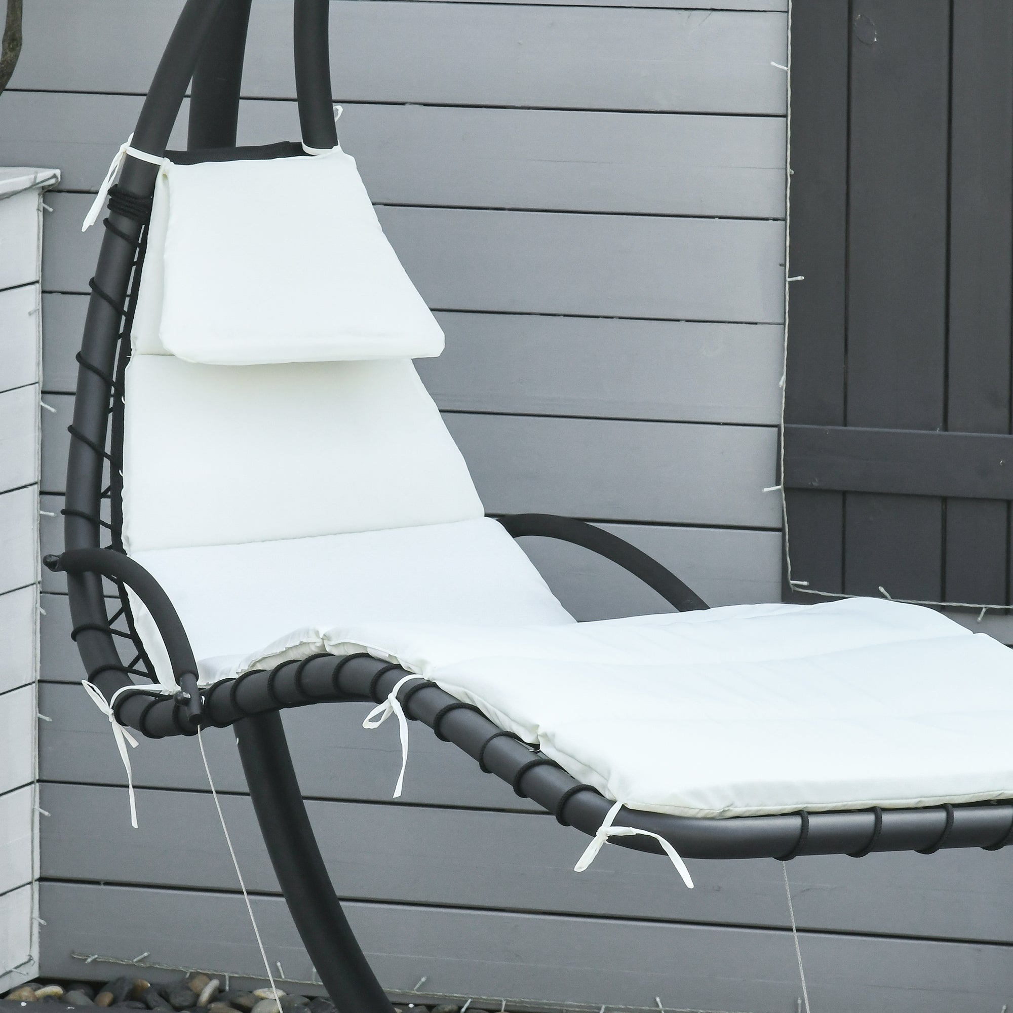 Hanging Garden Lounger, Padded Outdoor Hanging Lounger with Canopy, Cream 190x115x190cm