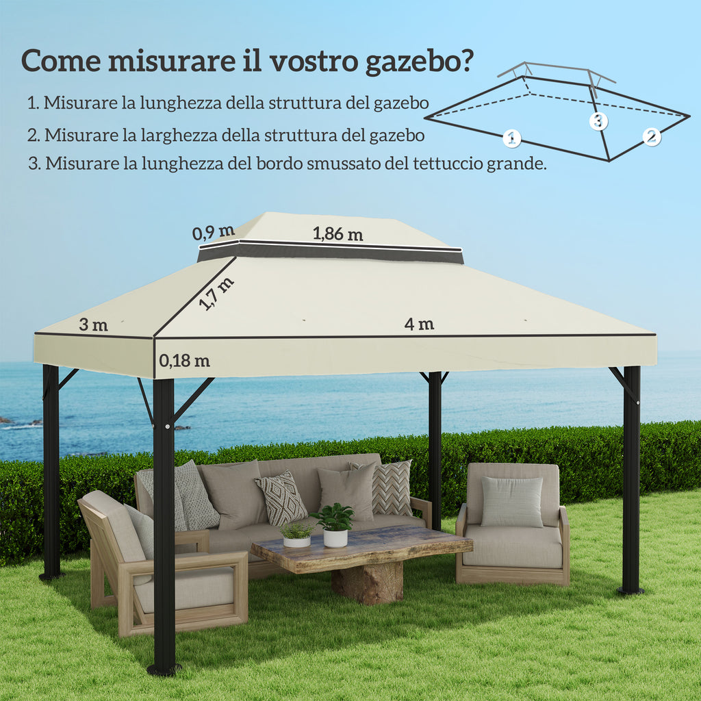 3x4m 2 Tier 600D Oxford Fabric Garden Gazebo Cover with Drainage Holes, Cream White