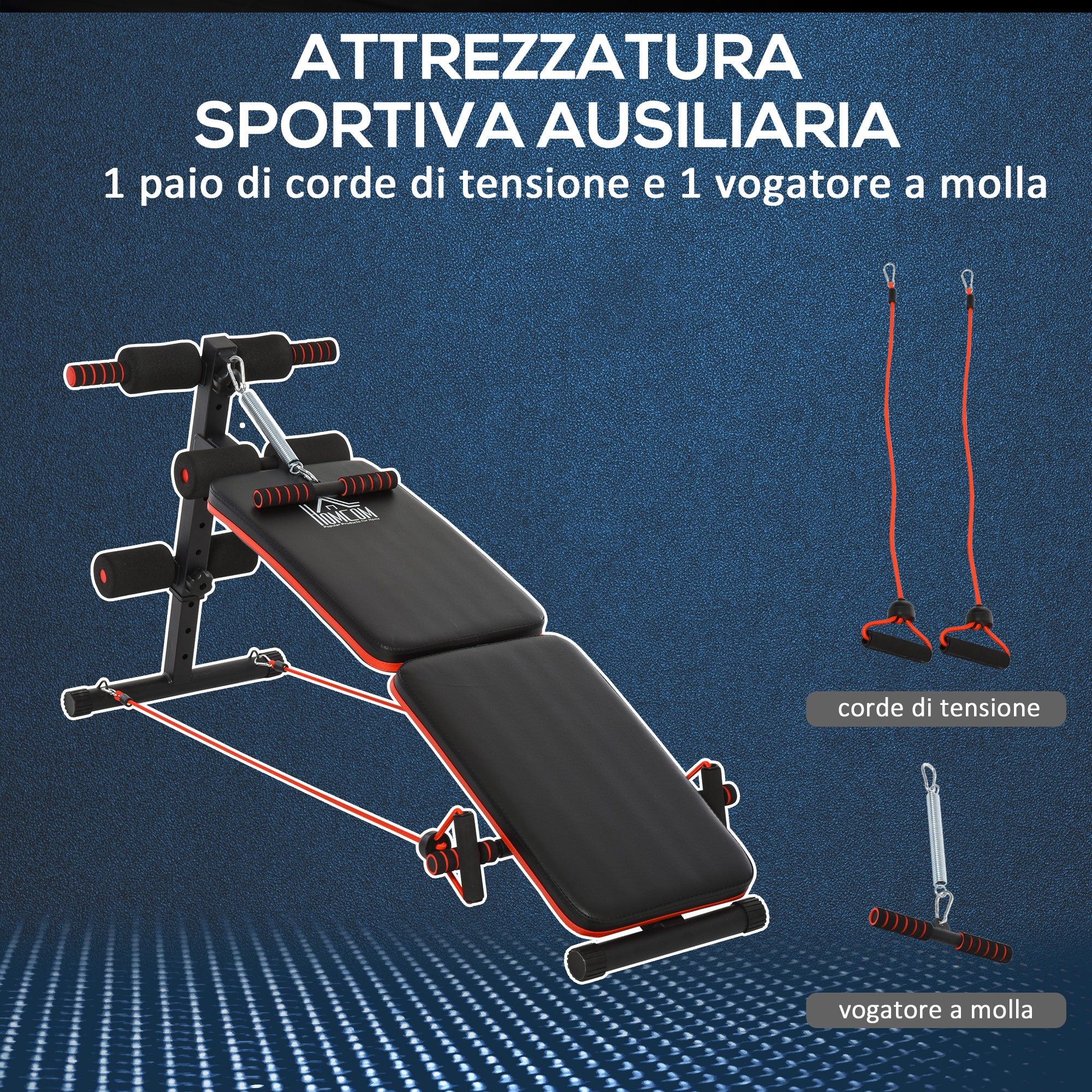 Folding and Adjustable Abdominal Bench with Rowing Machine and 2 Ropes, Steel 51x137x50-66 cm, Black and Red