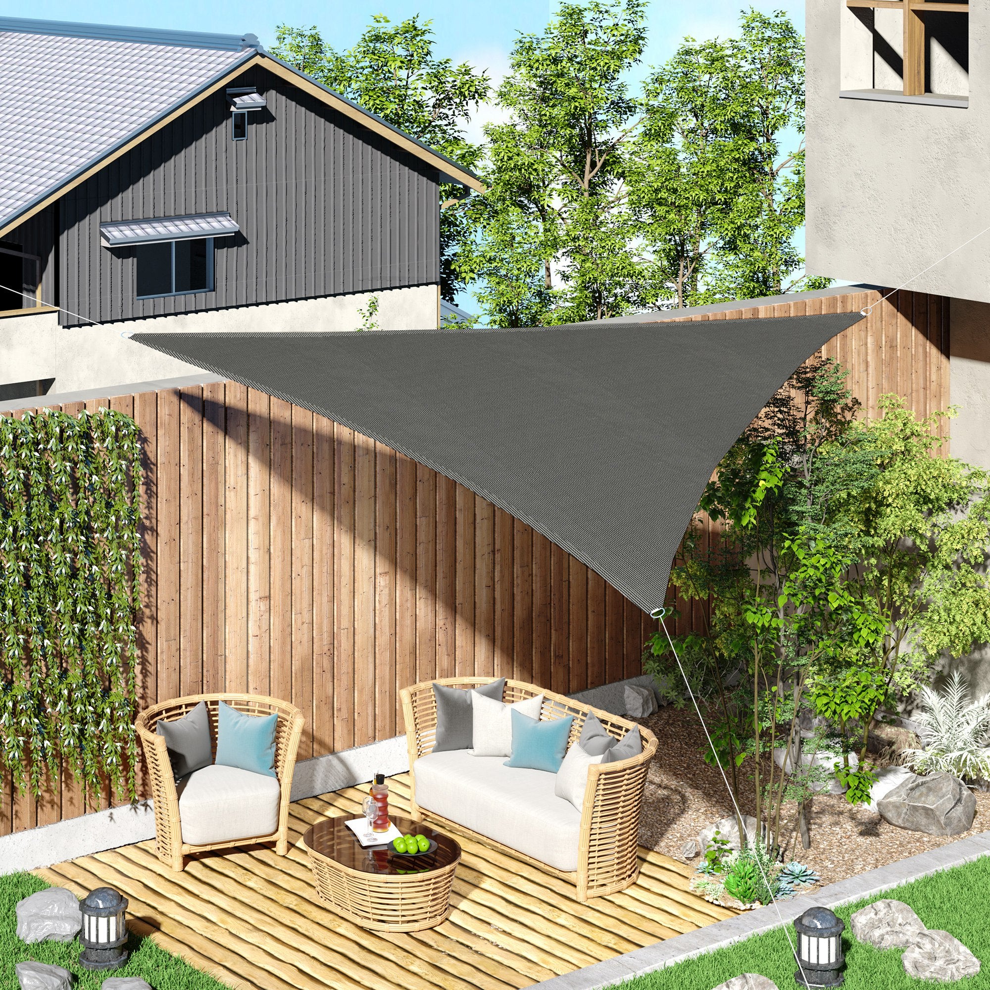 Anti-UV and Breathable Triangular Awning with D Hooks, in HDPE, 5x5x5 m, White and Blue - Borgè