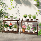 Set of 2 2-Tier Plant Holders with Slatted Design in Fir Wood, 73x36x64 cm, Burnt Brown