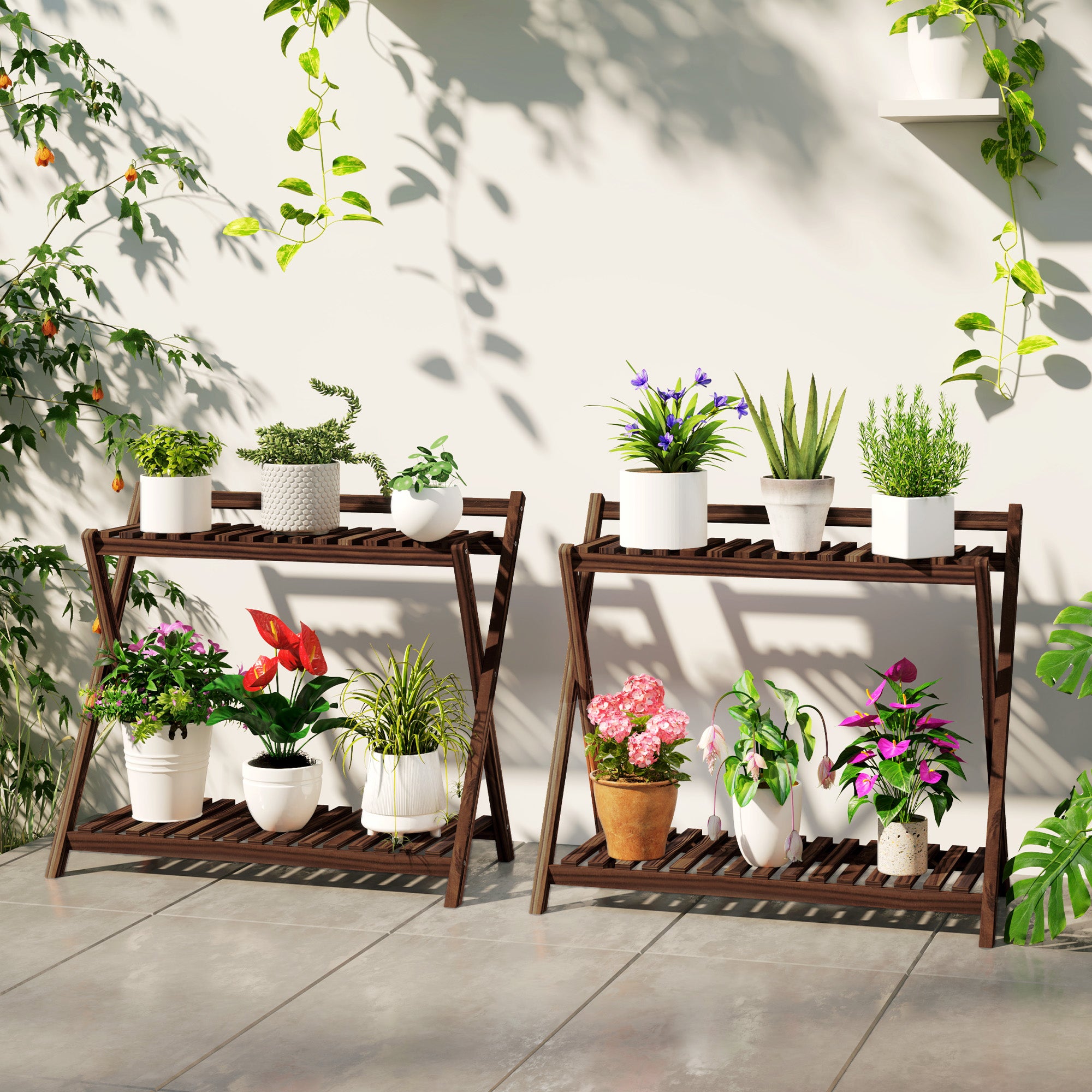Set of 2 2-Tier Plant Holders with Slatted Design in Fir Wood, 73x36x64 cm, Burnt Brown