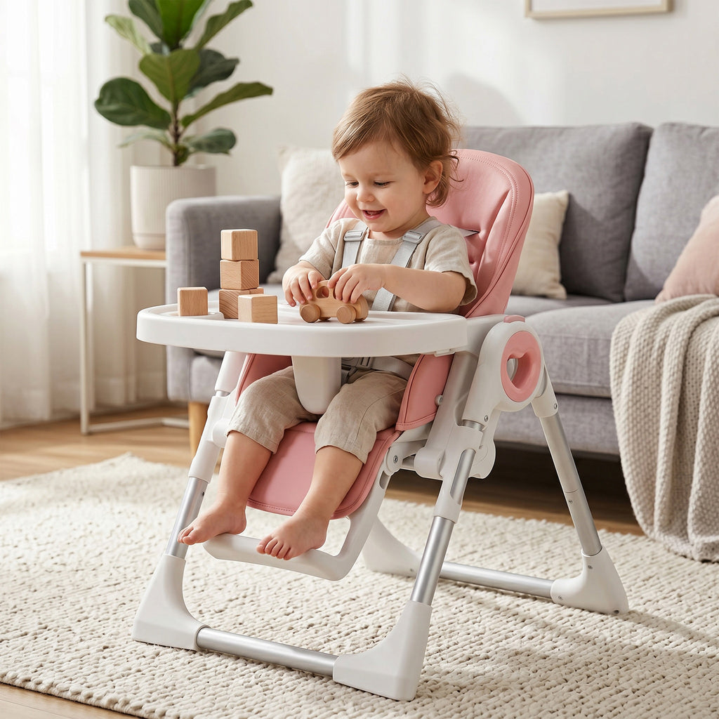 AIYAPLAY Folding High Chair for Babies 6-36 Months with Adjustable Height, Double Washable Tray, Wheels, Pink