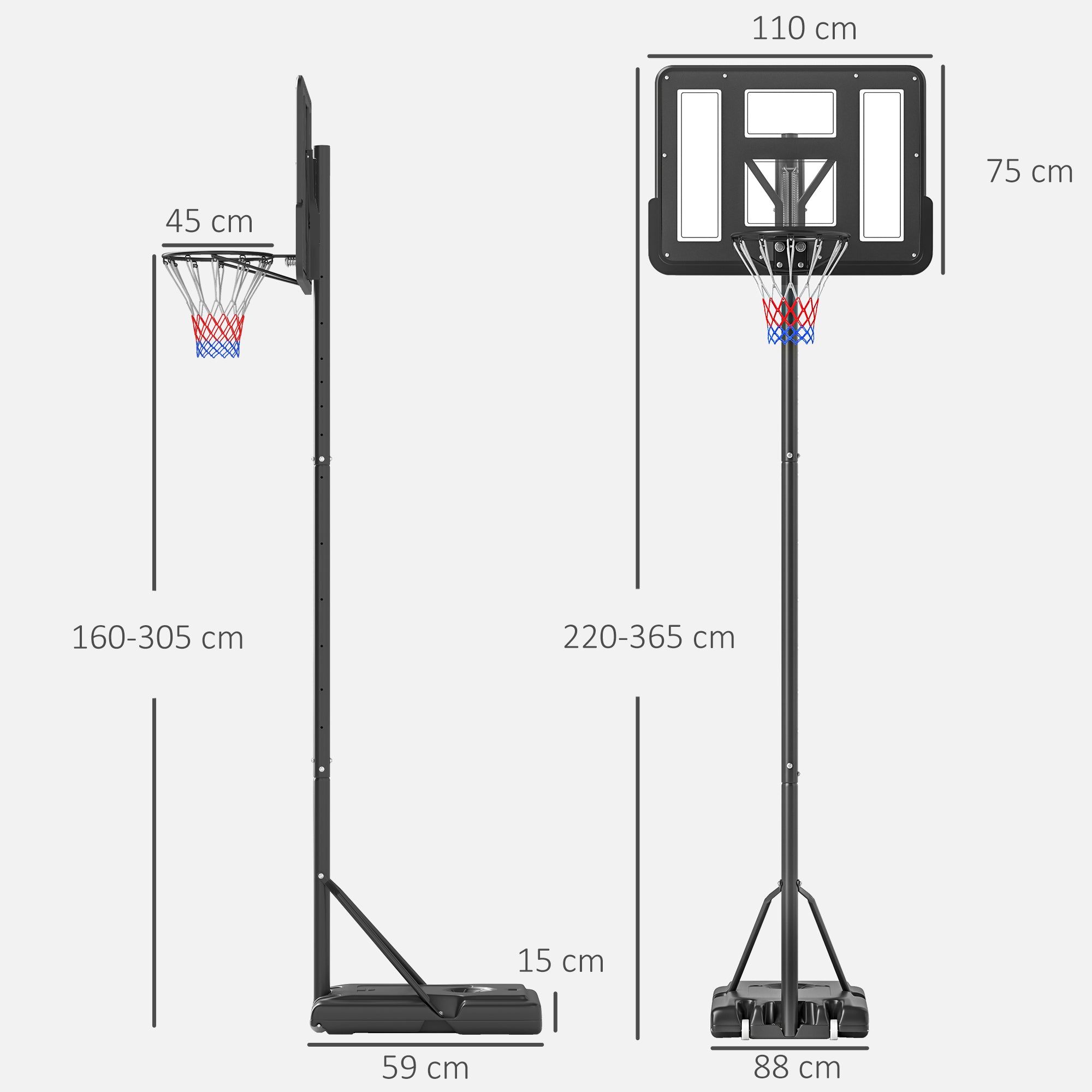 Adjustable Height Basketball Hoop (160-305cm), Wheeled Base, Steel Frame, Transparent PVC Backboard