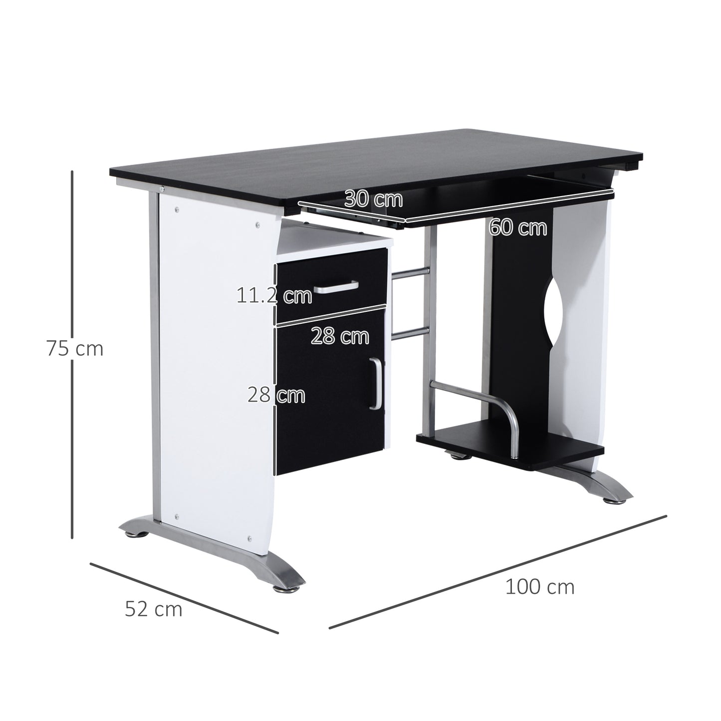 Homcom computer desk with shelf, drawer and locker, in mdf and iron, 100x52x75 cm, white and black - Borgè