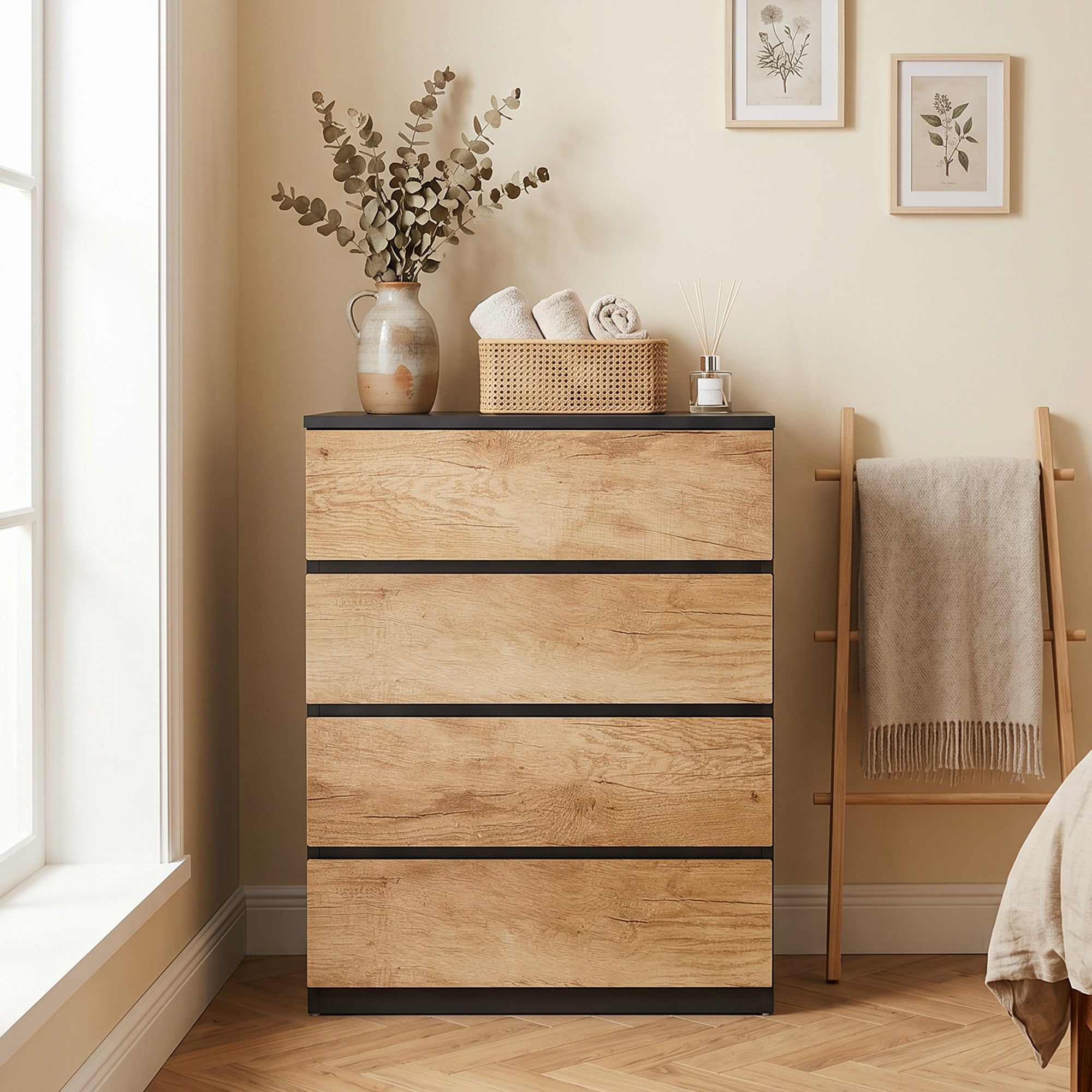 HOMCOM 4-Drawer Wooden Chest of Drawers with Metal Rails and Grooved Handles, 60x40x80 cm, Black and Oak