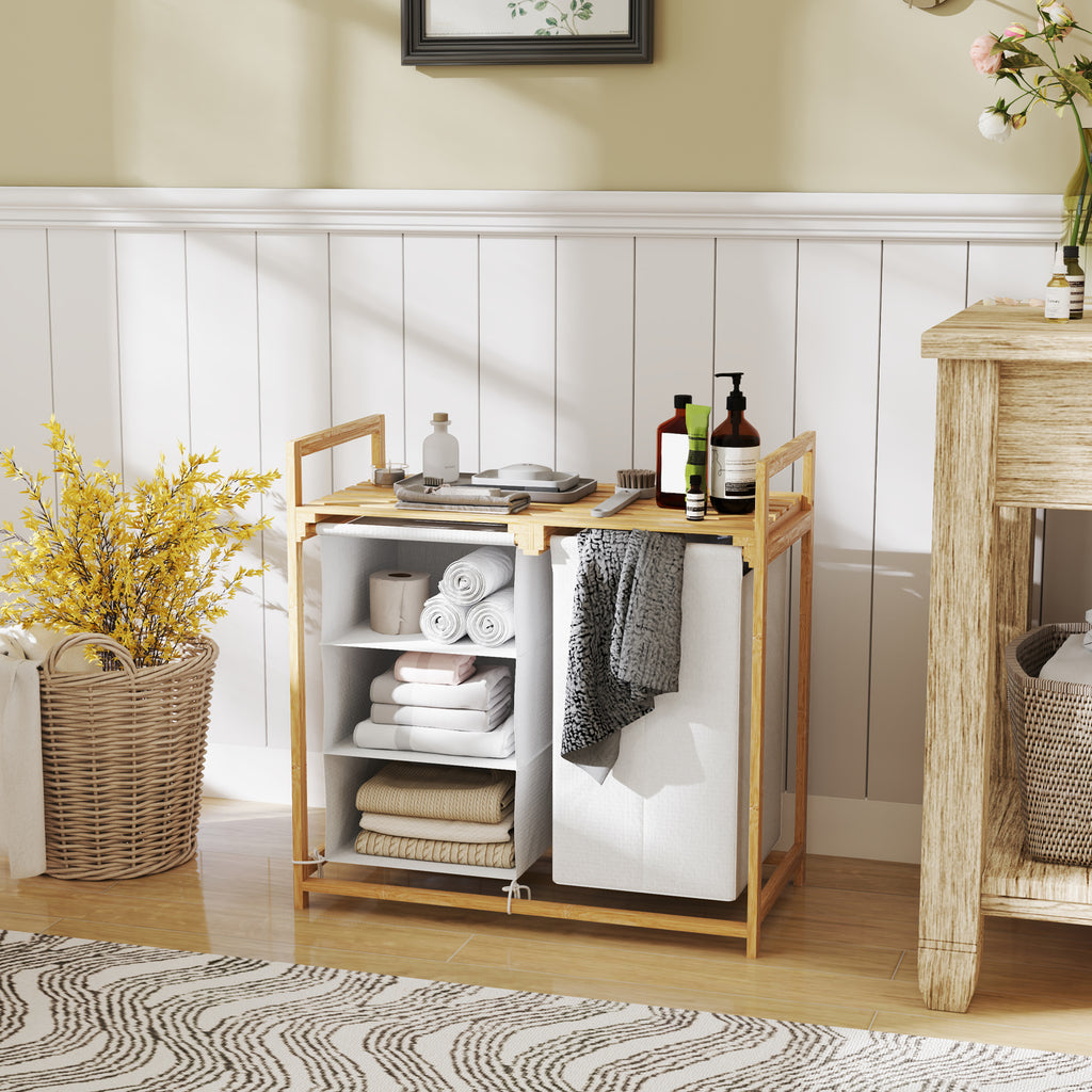 Laundry Basket with 2 Pull-Out Bags, Bamboo Handles and Shelf, 70x36x70 cm, White