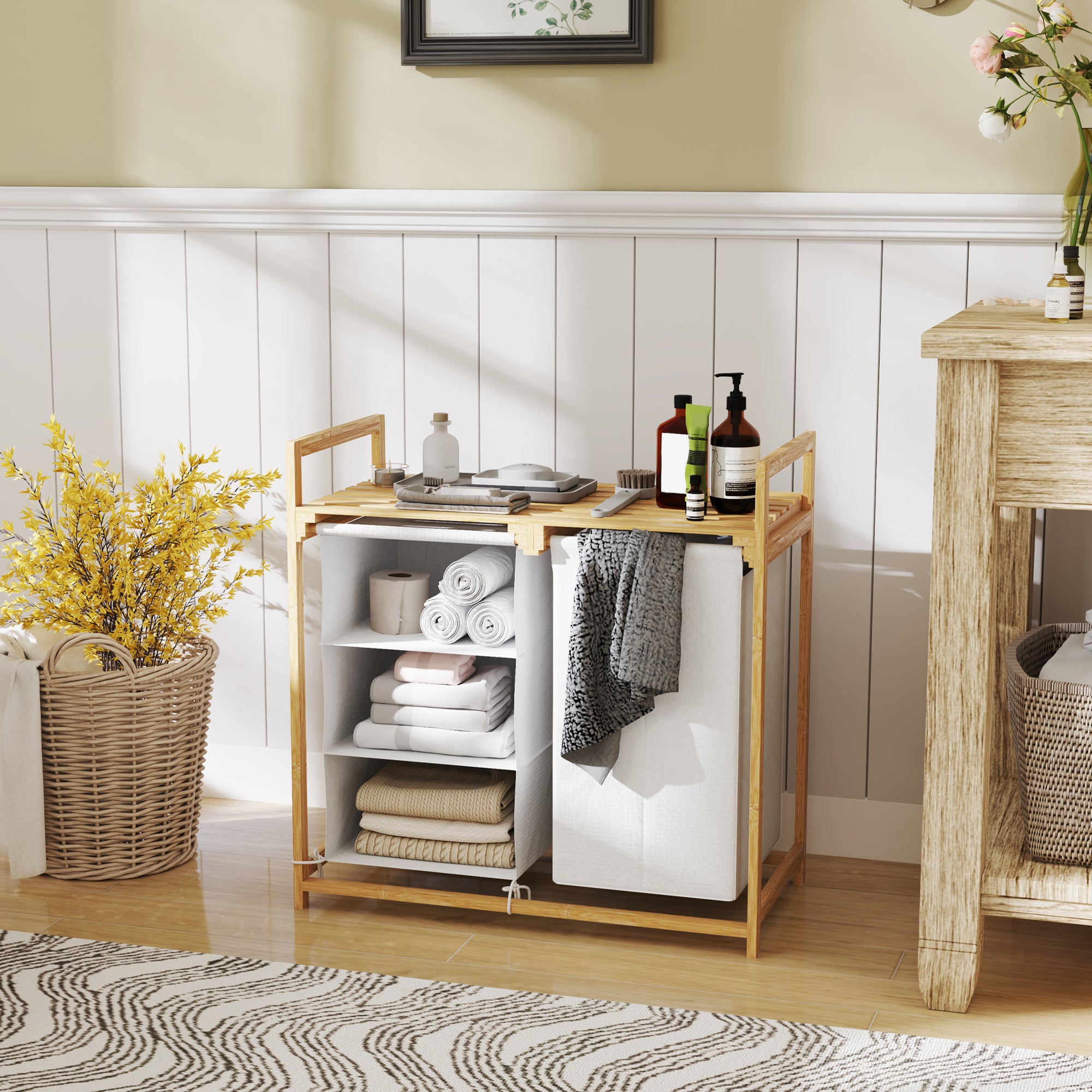 Laundry Basket with 2 Pull-Out Bags, Bamboo Handles and Shelf, 70x36x70 cm, White